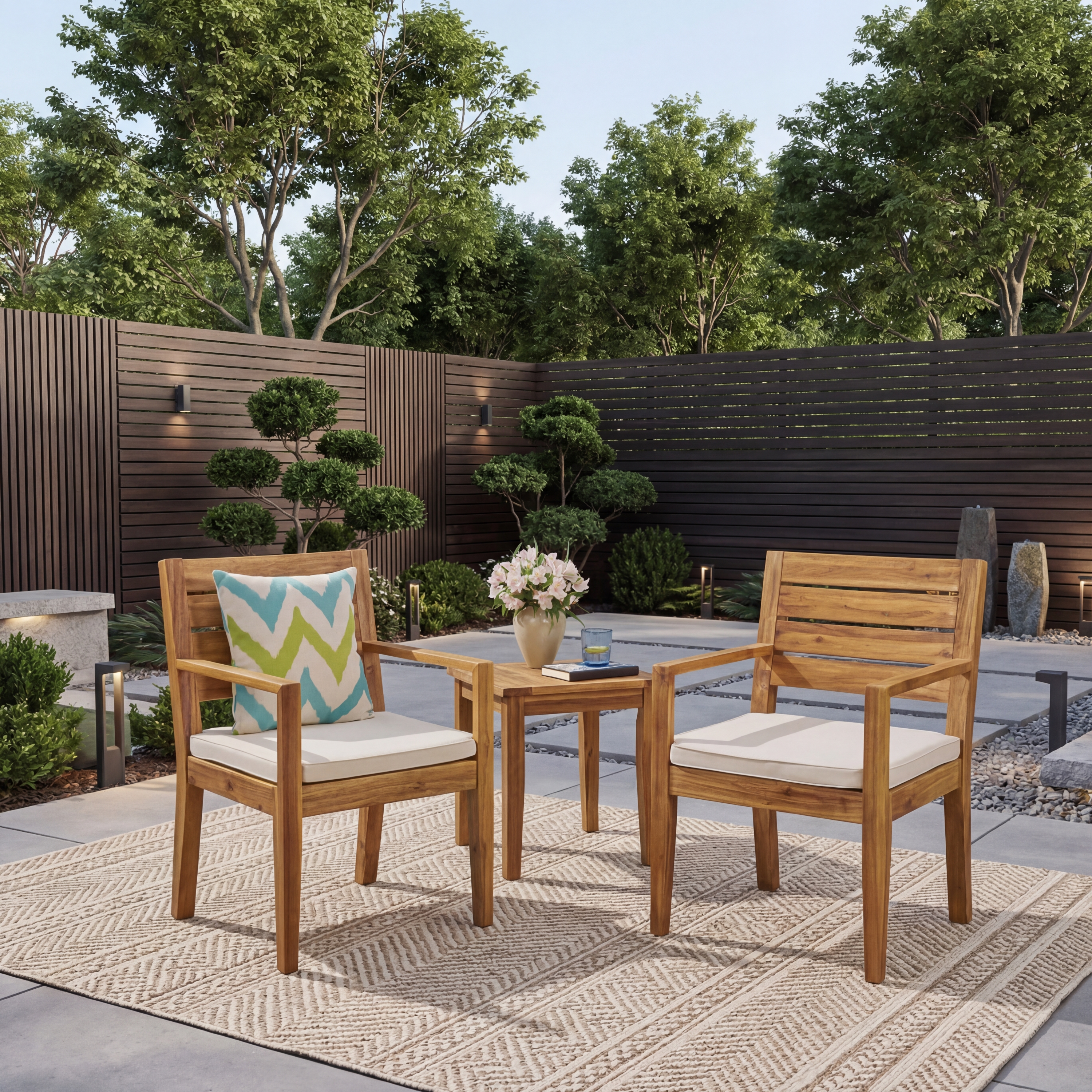 2 Chaises de patio bois beige coussin