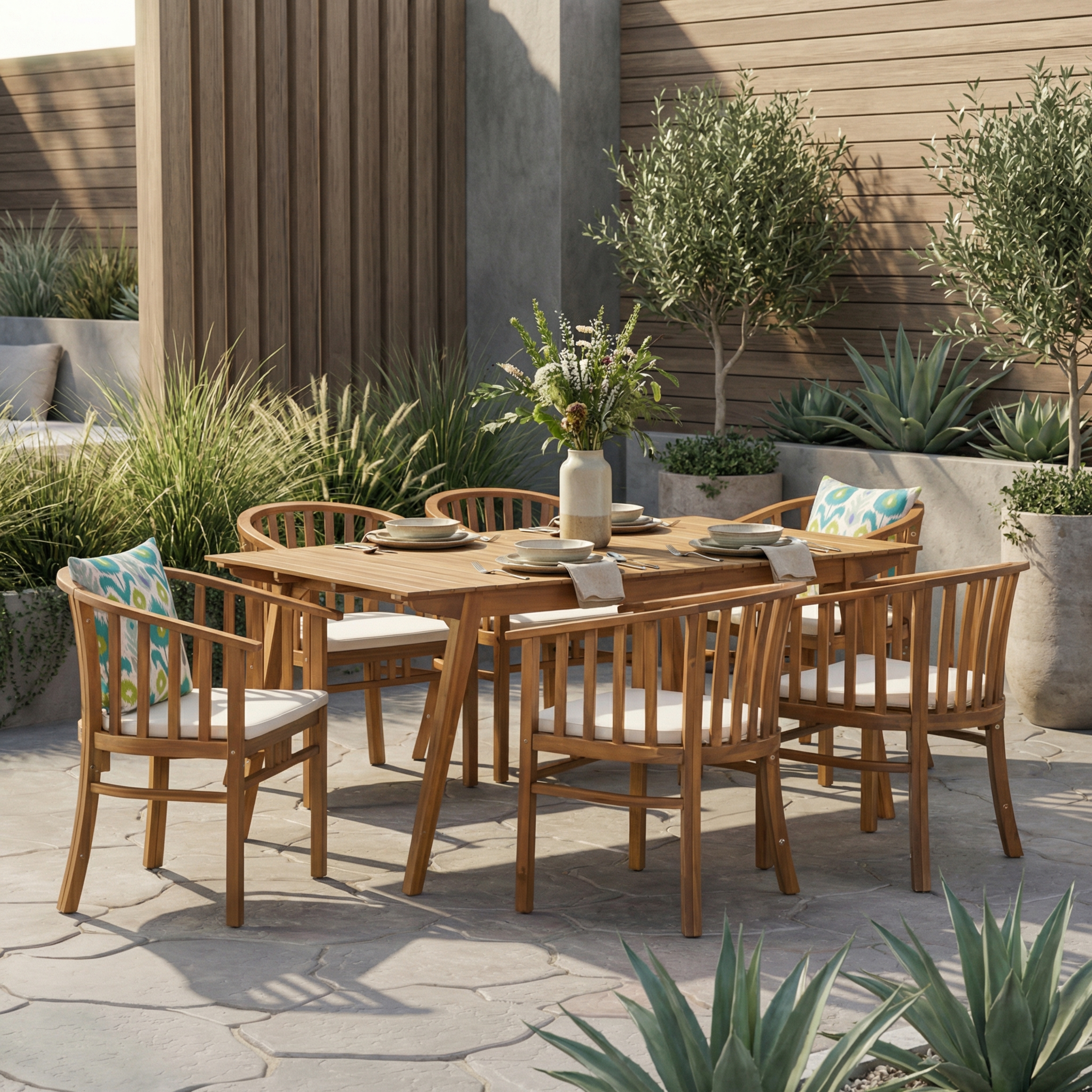 Ens salle manger ext 6 places acacia bois coussins crème