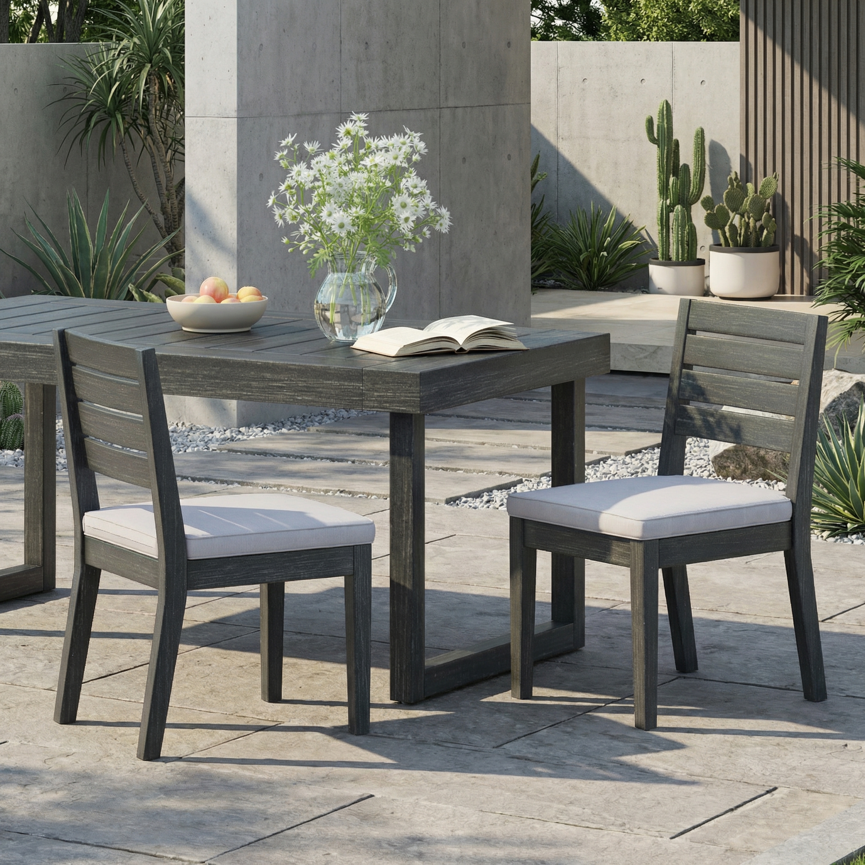 Ensemble 2 chaises salle à manger acacia bois coussins gris