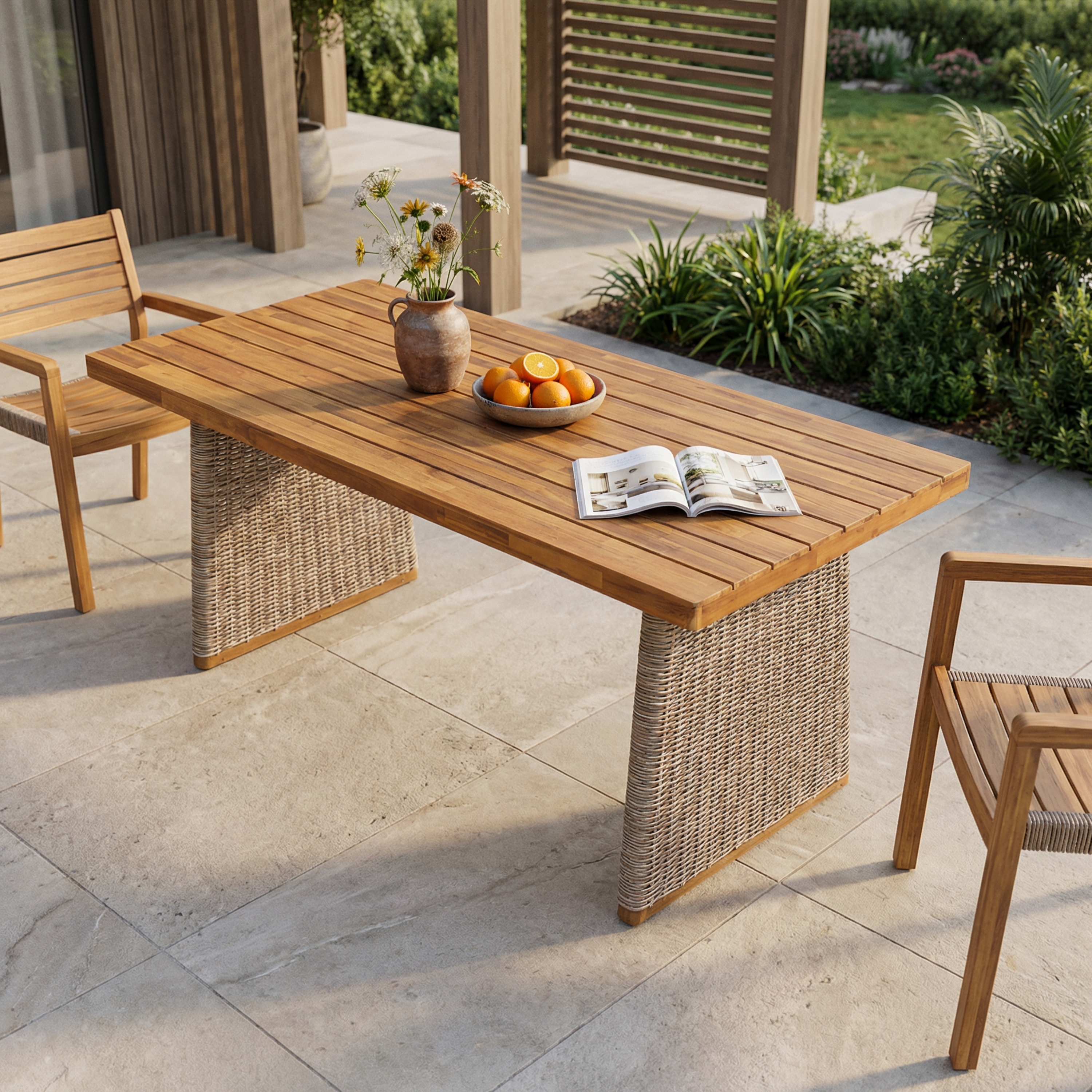 Table à manger acacia extérieur, fini teck brun, osier