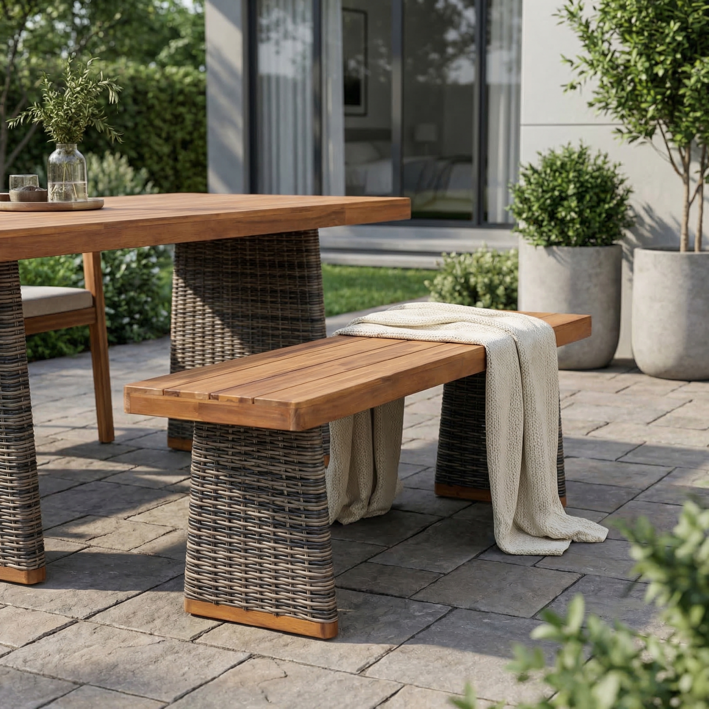 Banc bois acacia 1 pièce, fini teck gris osier