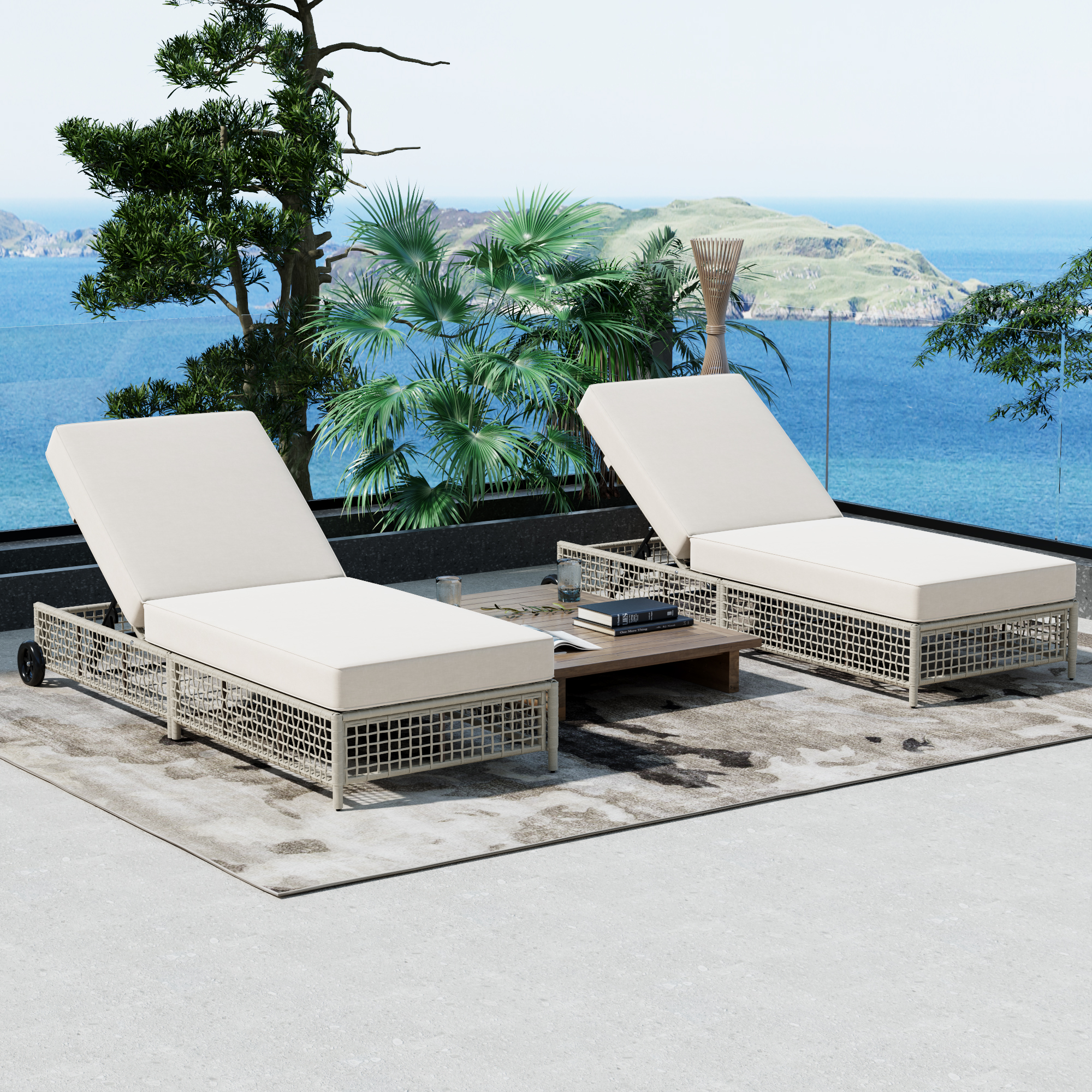TREXM Chaise longue patio 5 positions roues