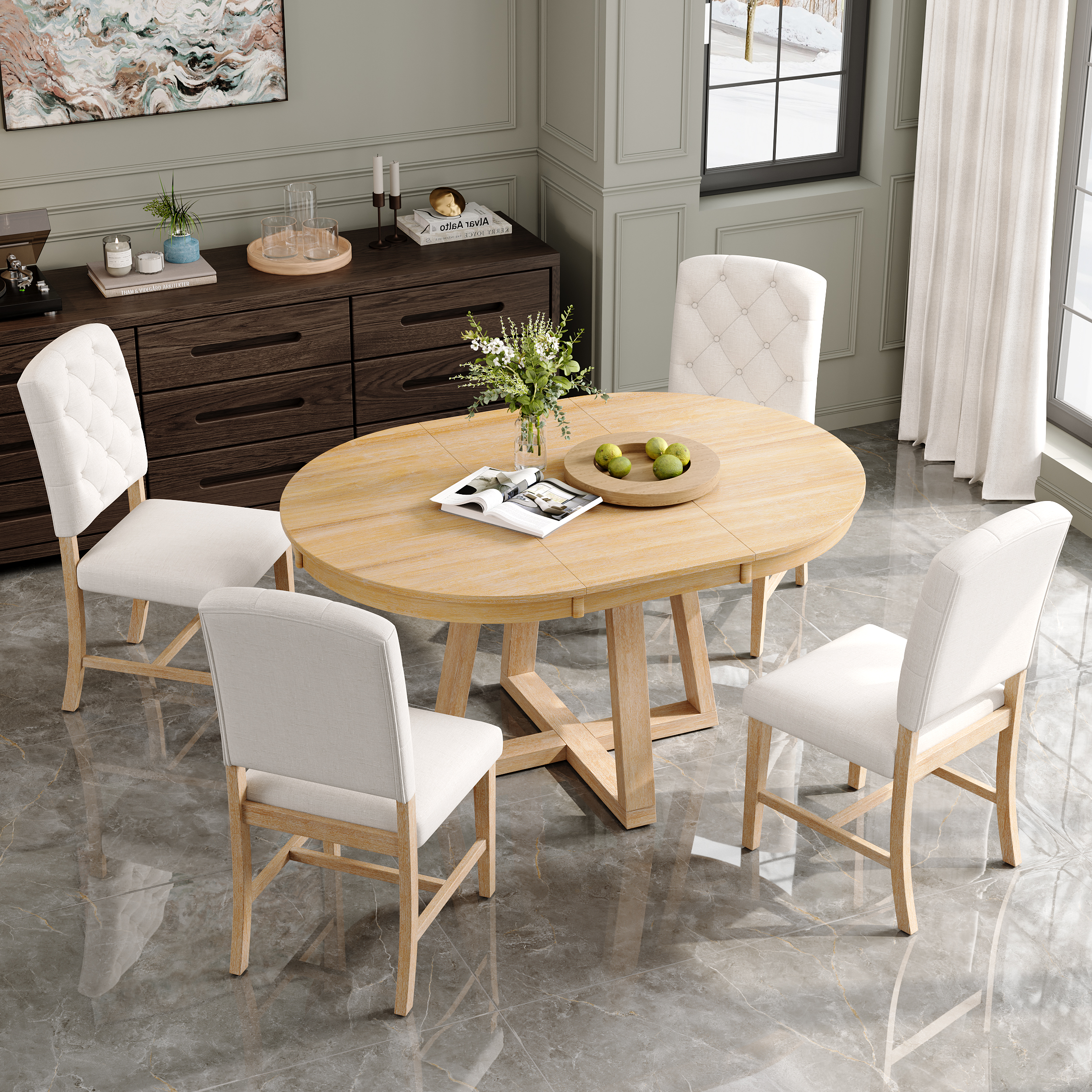 Ensemble TREXM 5 pièces table ronde naturel chaises