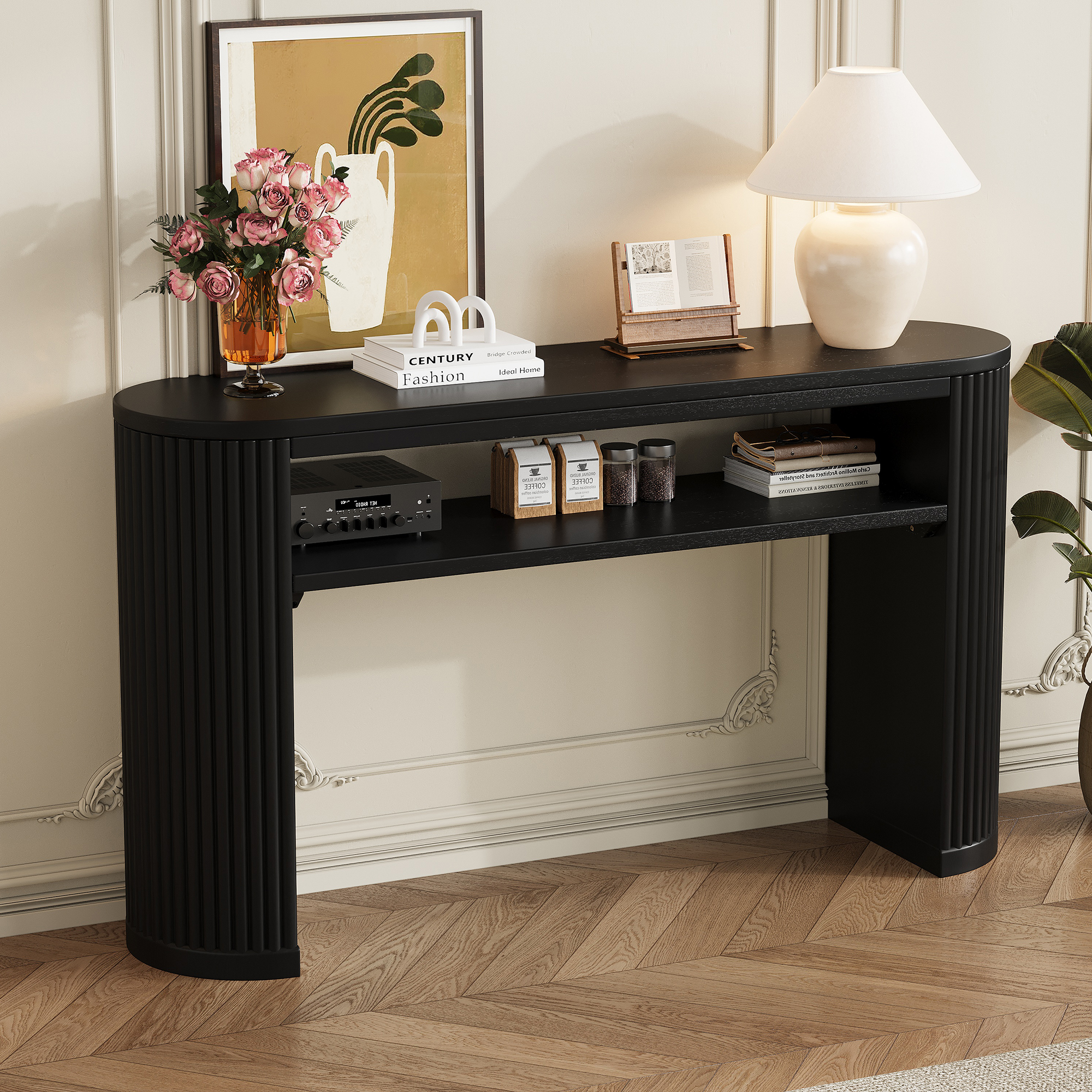 Console rustique table foyer, style ferme, plateau chêne, tablette ouverte