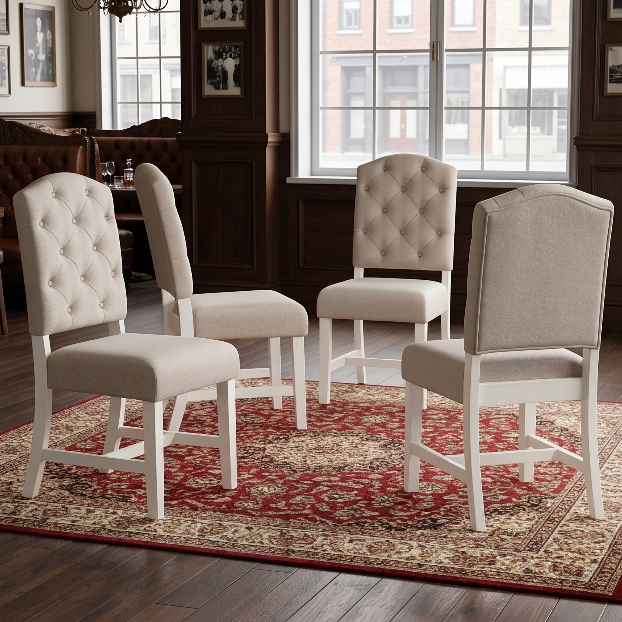 TREXM Set 4 chaises style rétro bois naturel, tissu écru