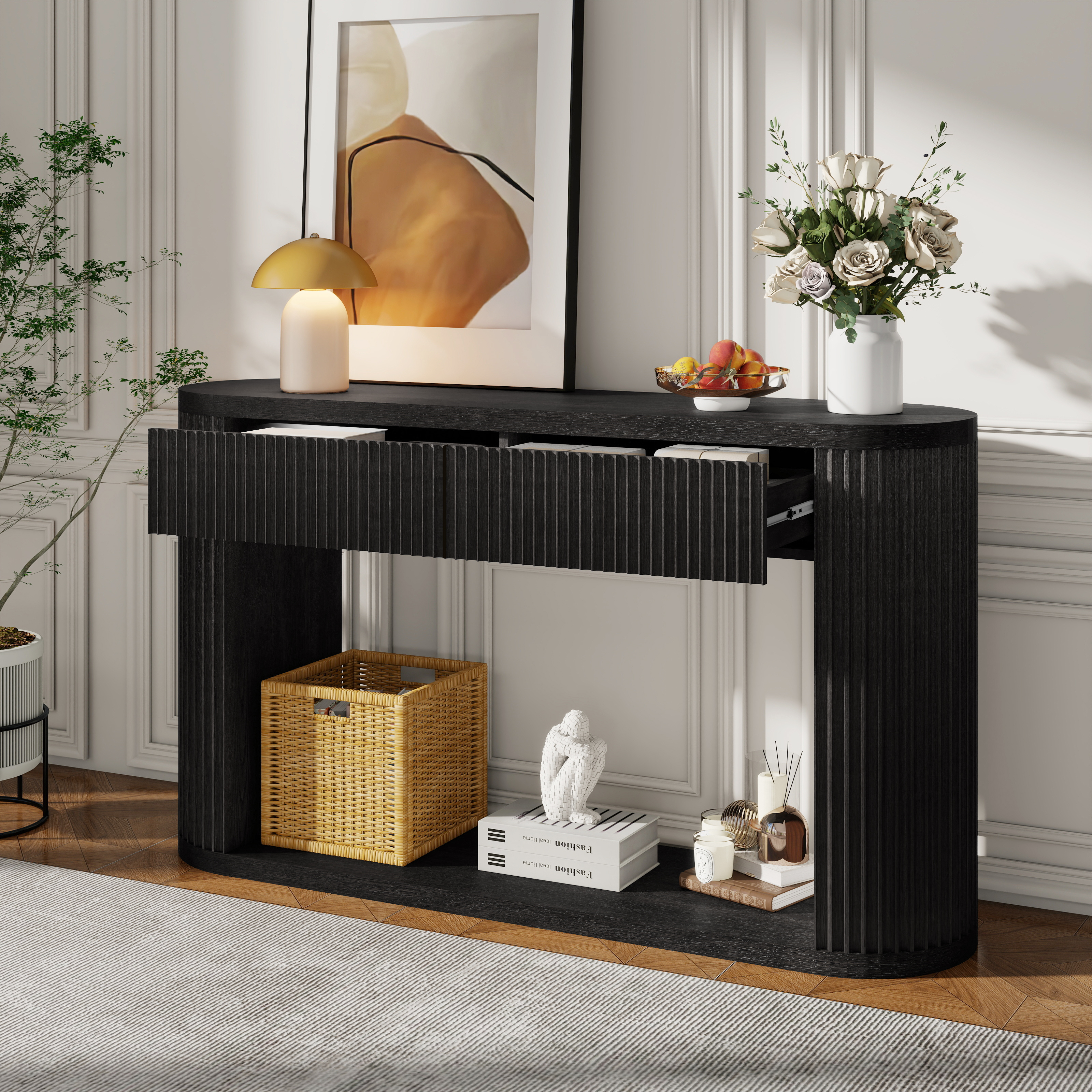 Table console ovale cannelée TREXM, 2 tiroirs, noir
