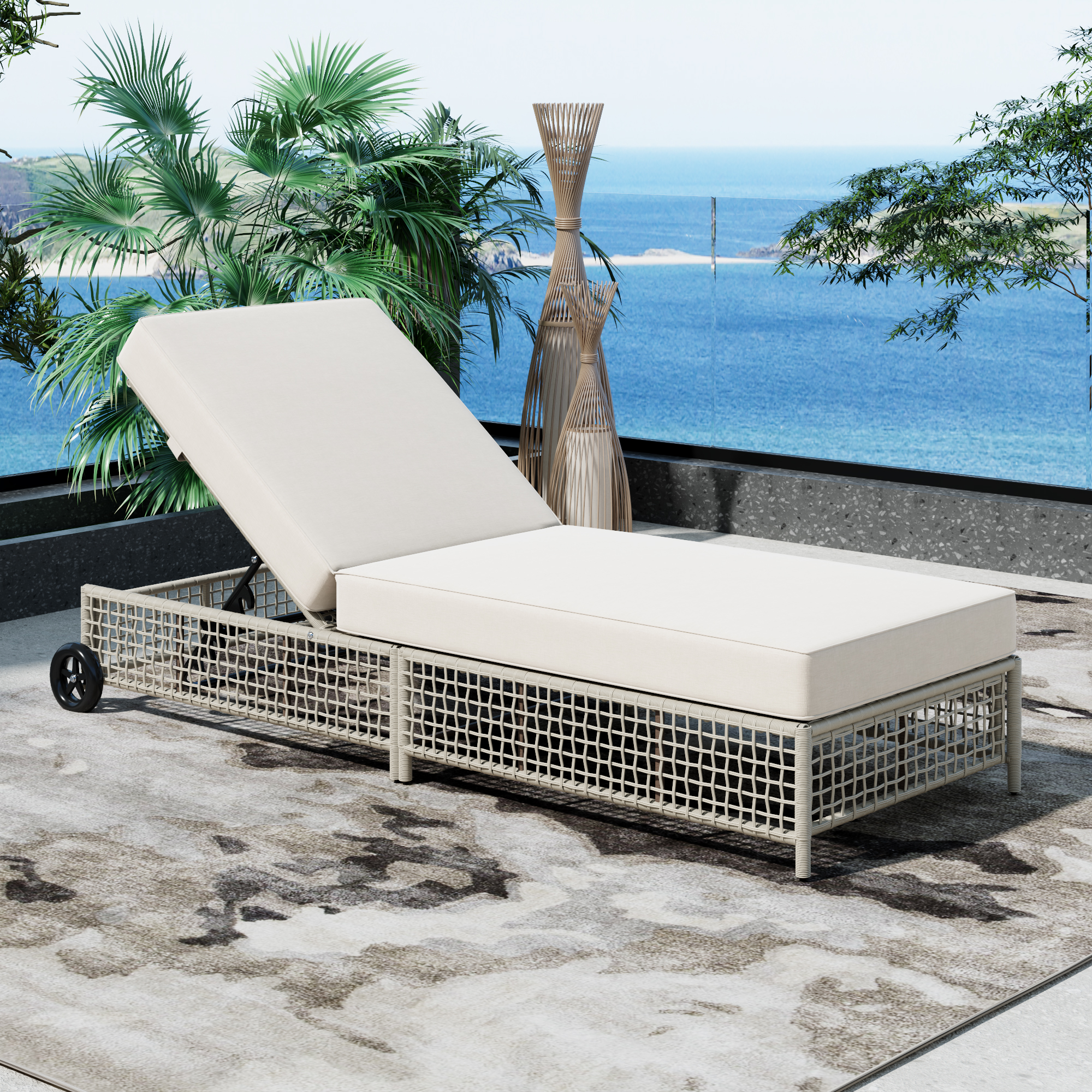 TREXM Chaise lounge extérieur rotin, dossier 5 positions, beige crème