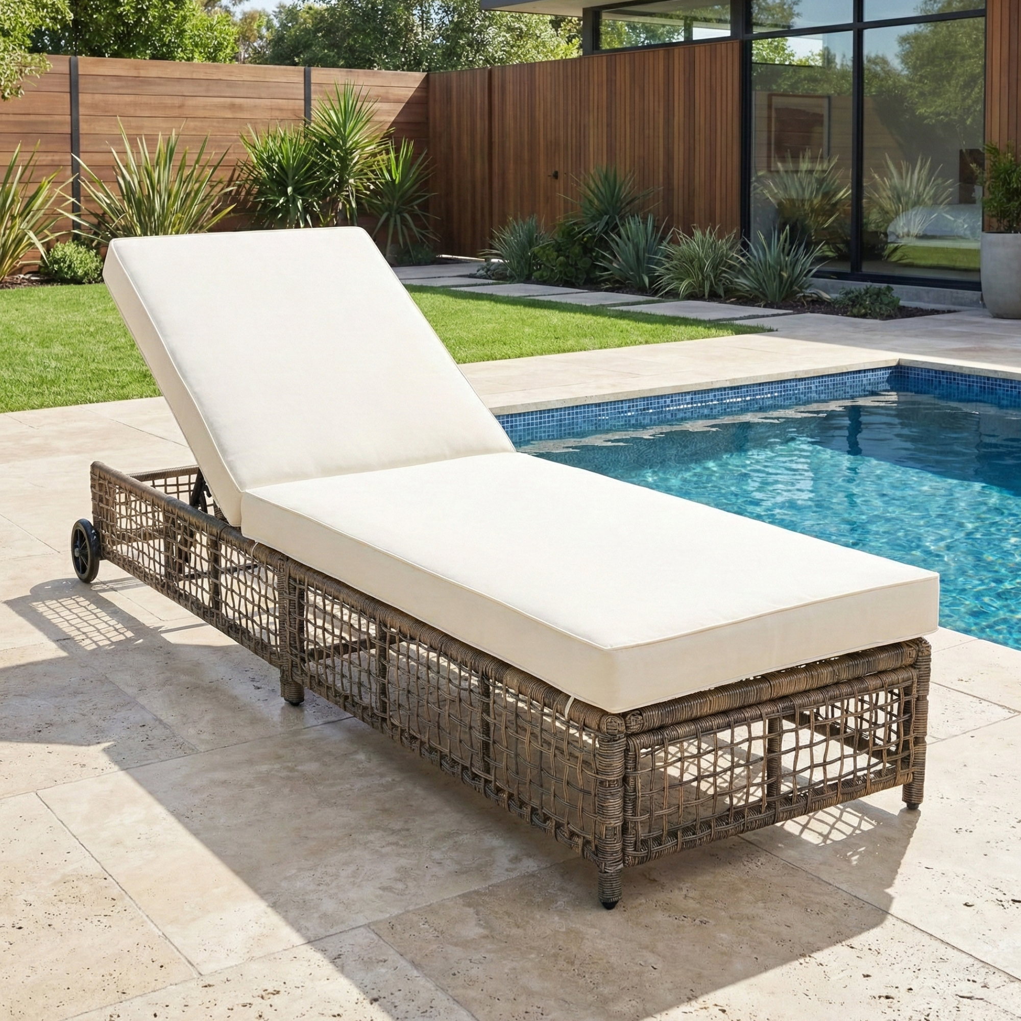TREXM Chaise longue patio rotin 5 positions coussins beige