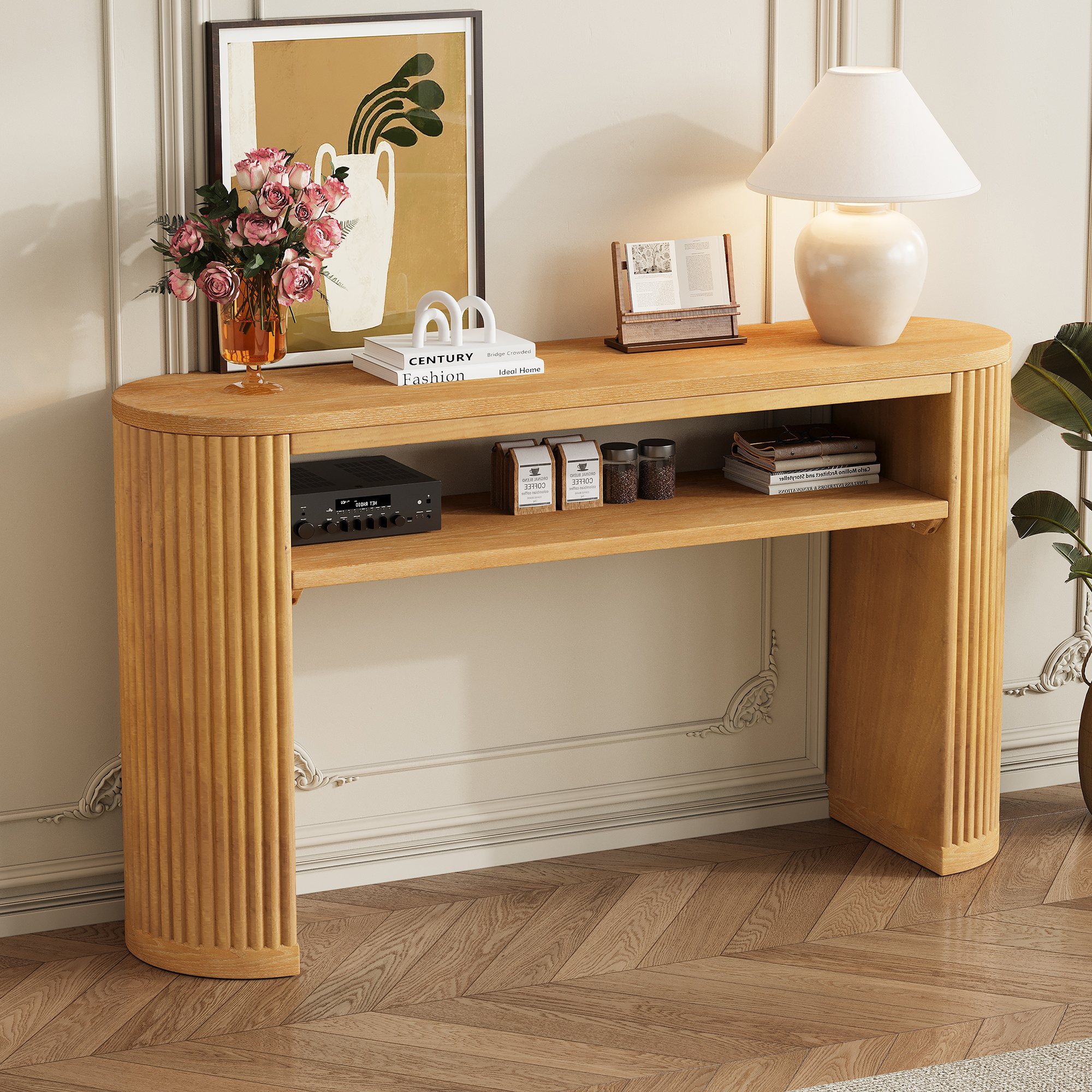 Console TREXM rustique pieds cannelés, table acajou, tablette ouverte