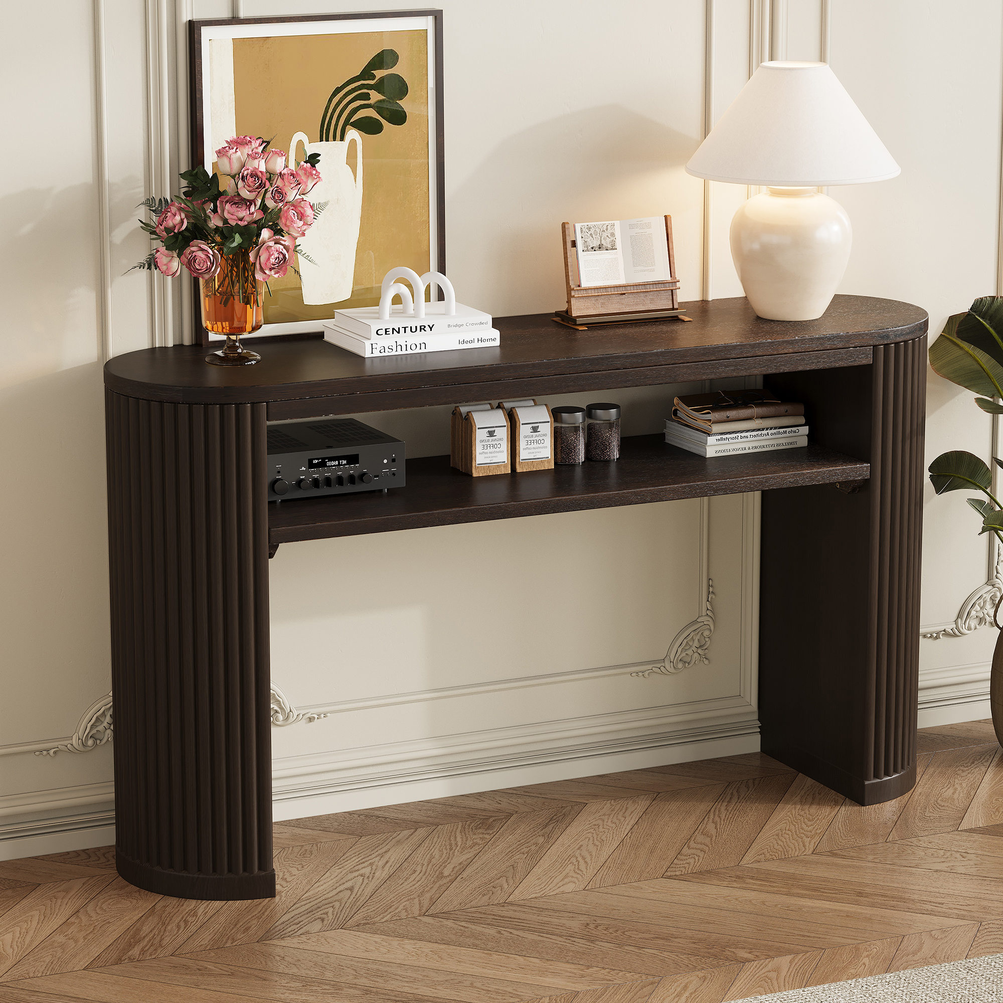 TREXM Table console rustique, pattes cannelées, espresso
