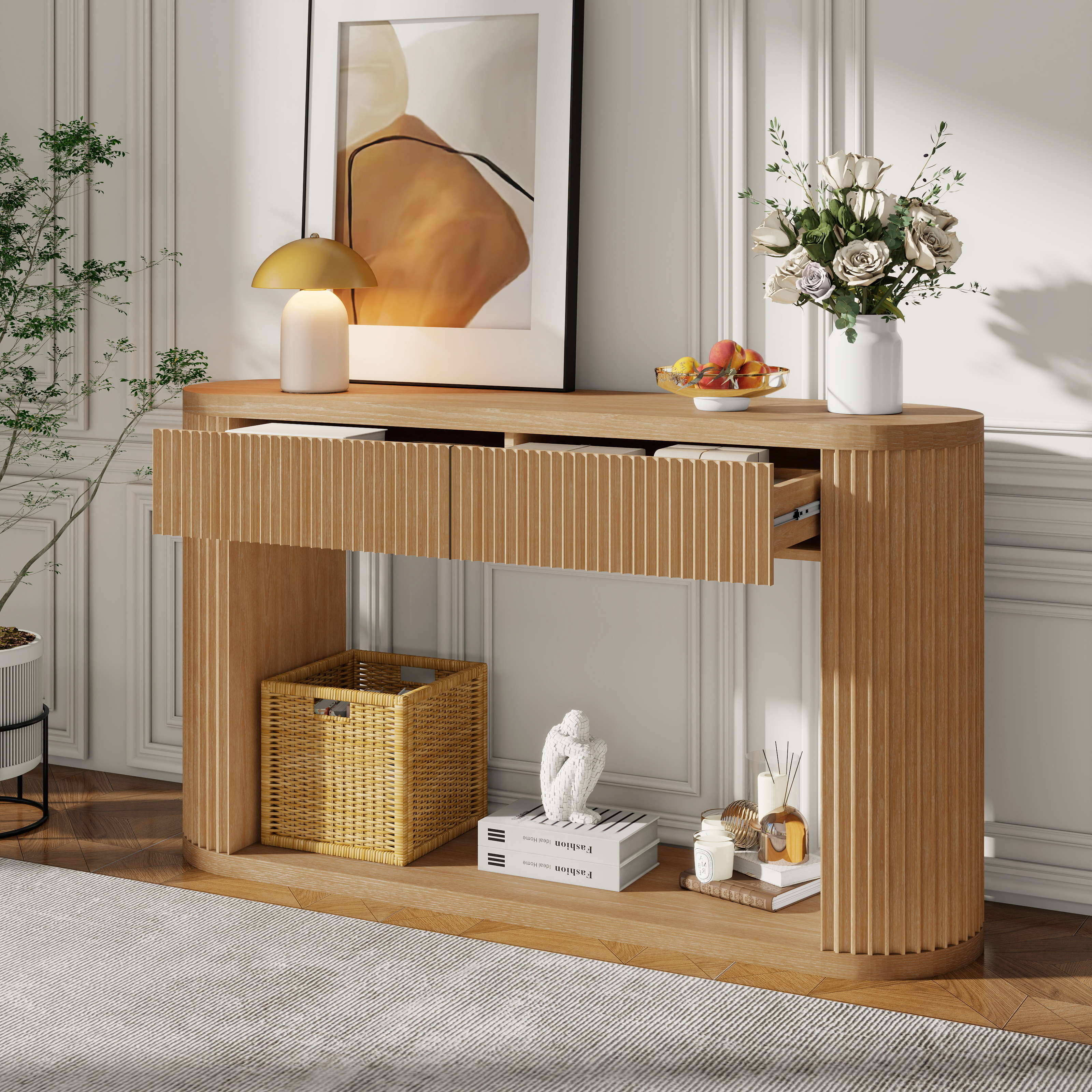 TREXM Table console ovale cannelée, 2 tiroirs, bois naturel