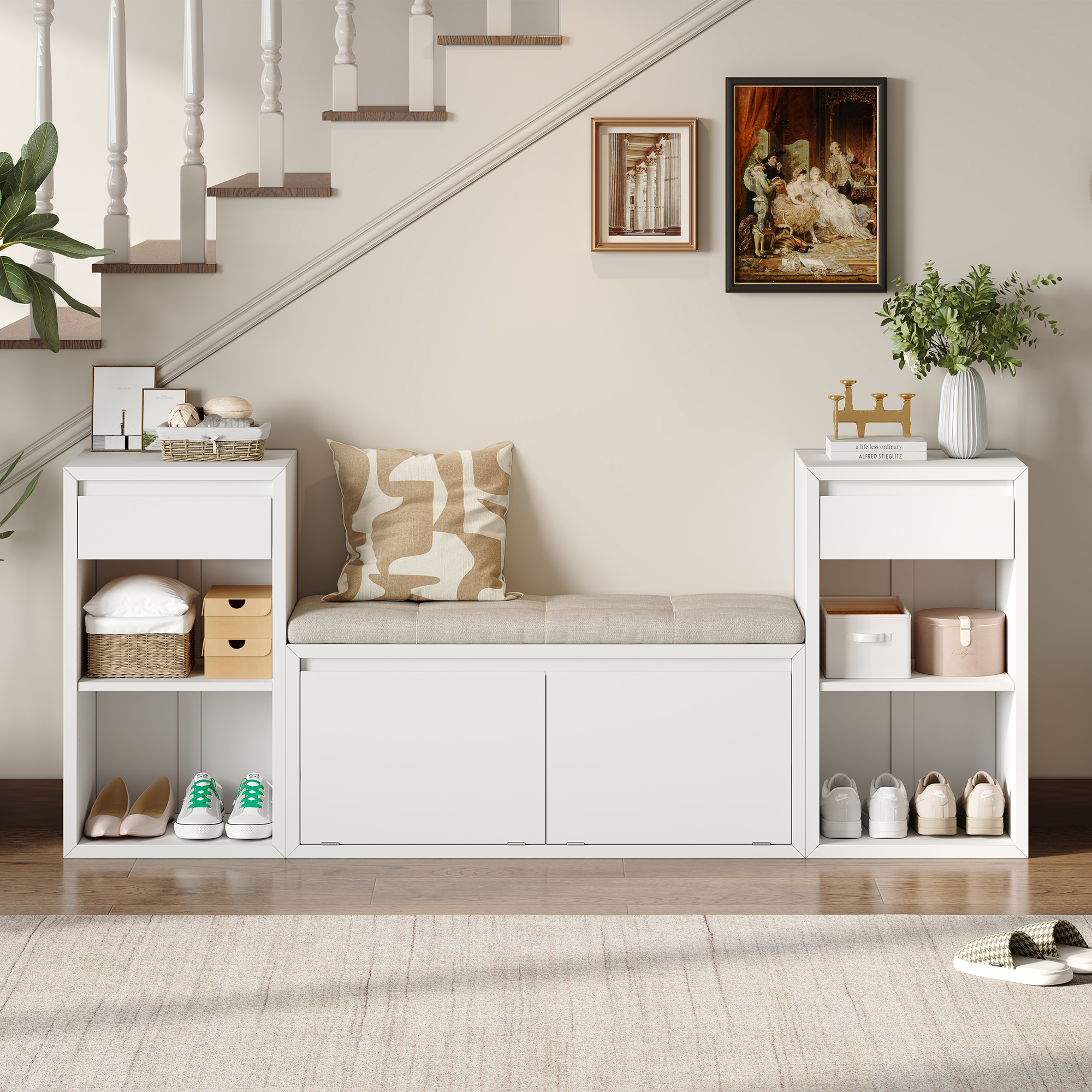 Banc rangement entrée TREXM blanc coussin
