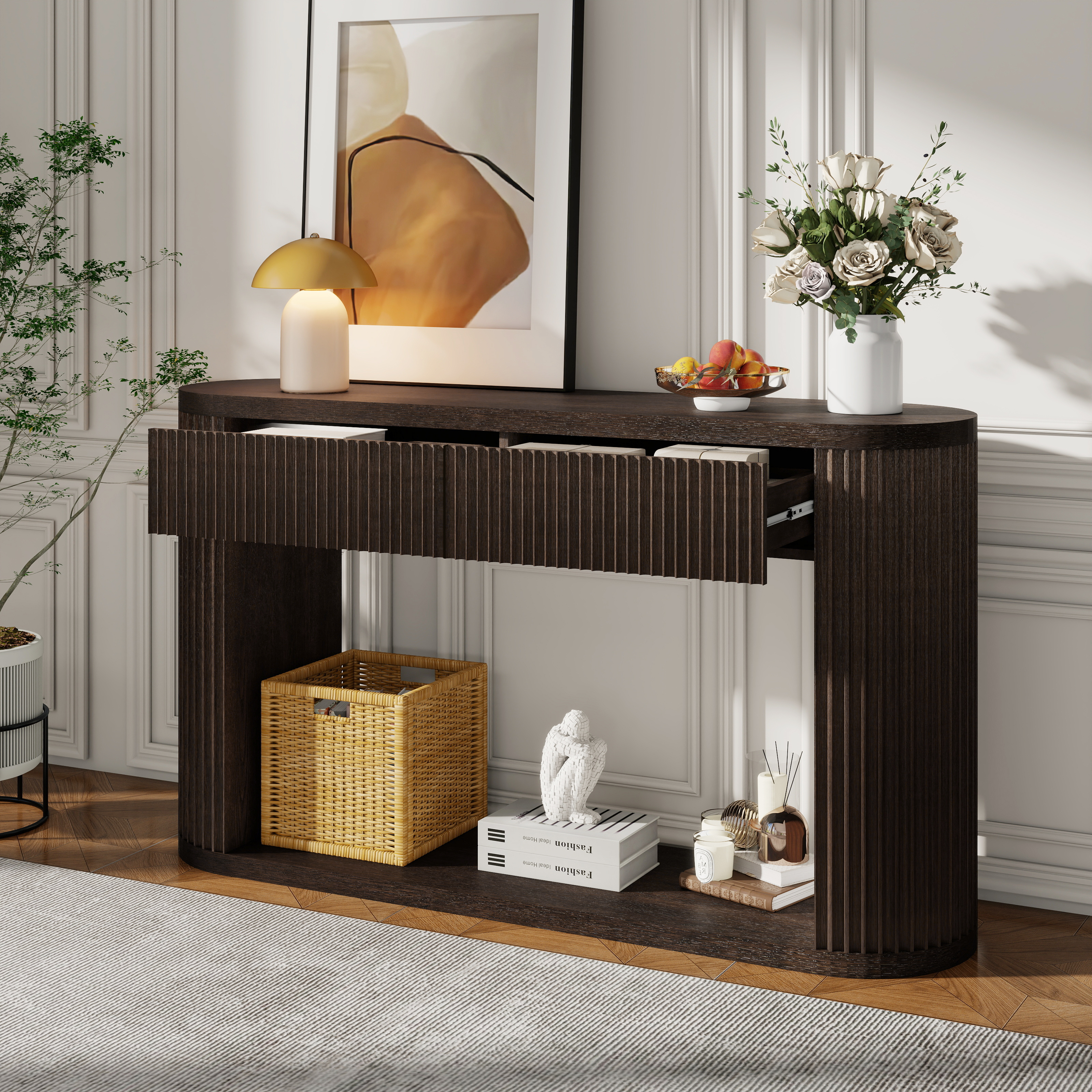 Table console ovale TREXM 2 tiroirs fond noyer glissières