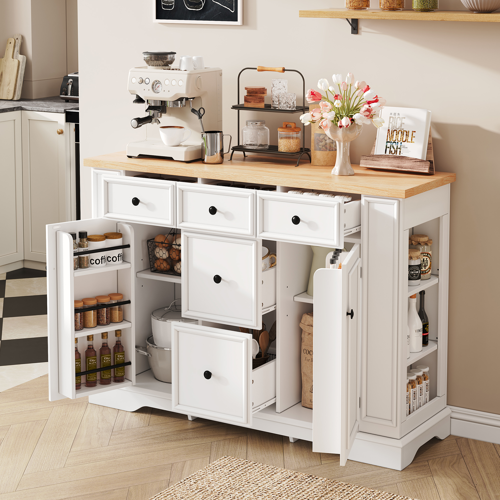 TREXM Buffet 5 tiroirs 2 armoires tablettes ajustables