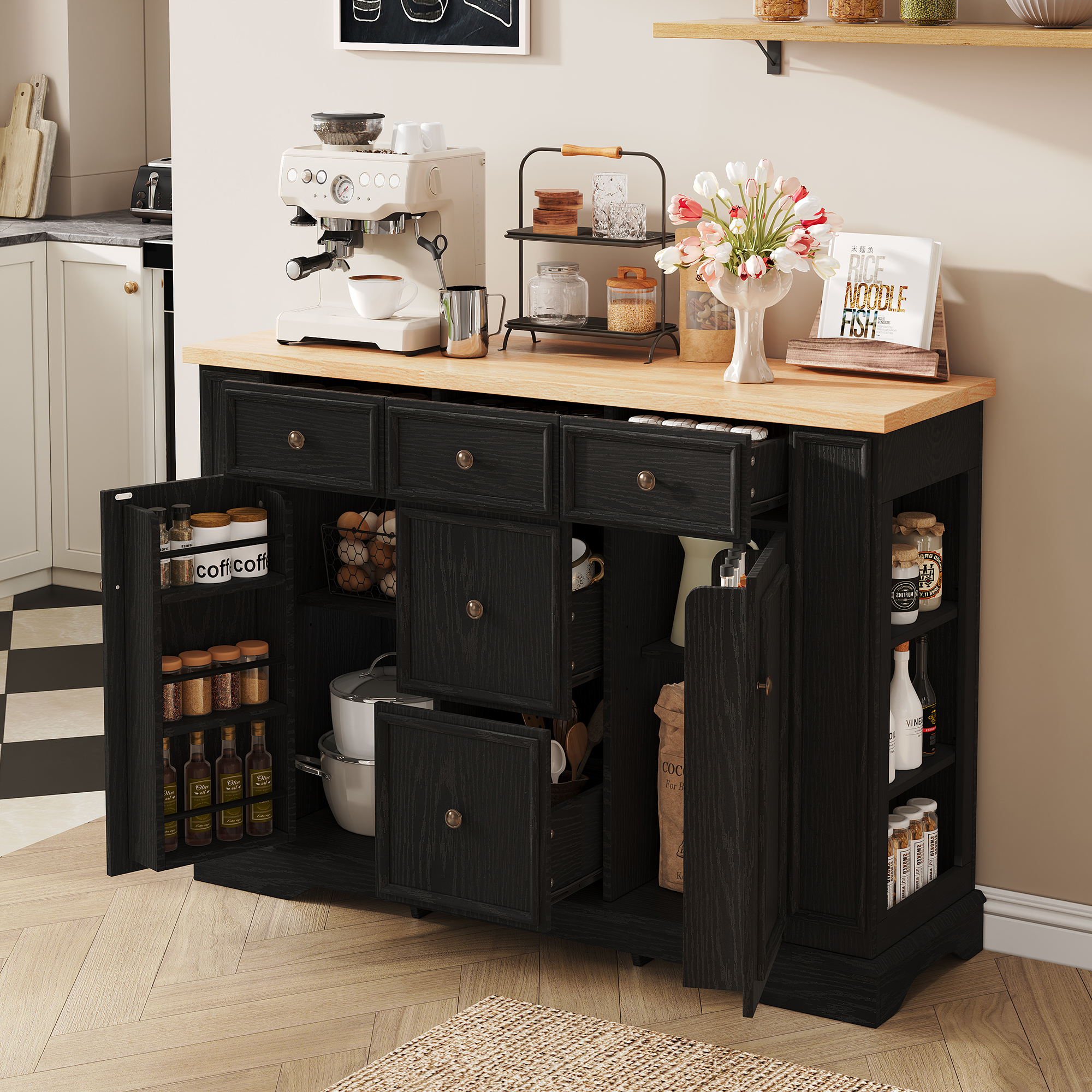 TREXM Buffet-bahut 5 tiroirs, 2 armoires, tablettes ajustables, noir