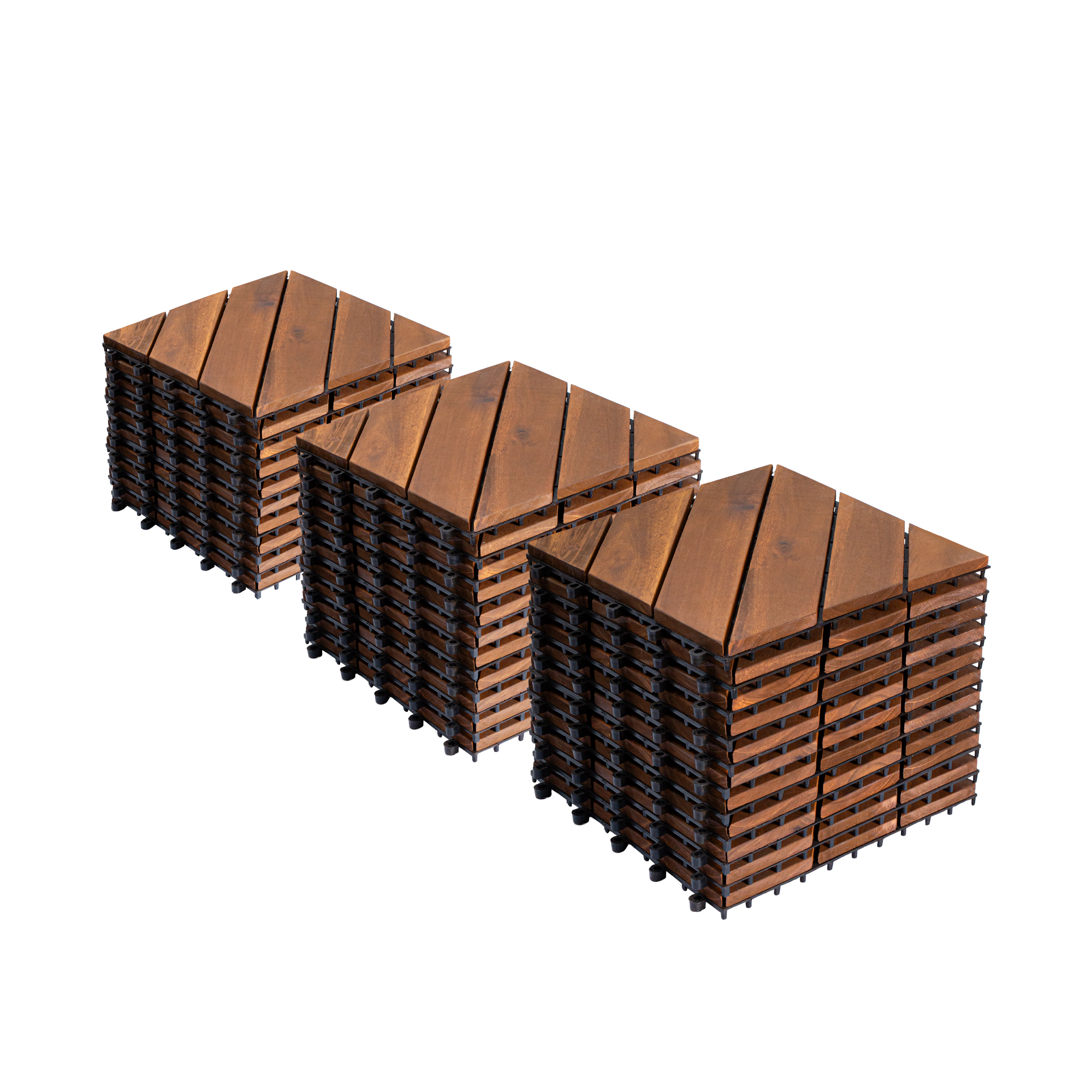 27 carreaux terrasse bois acacia 12x12", motif diagonal