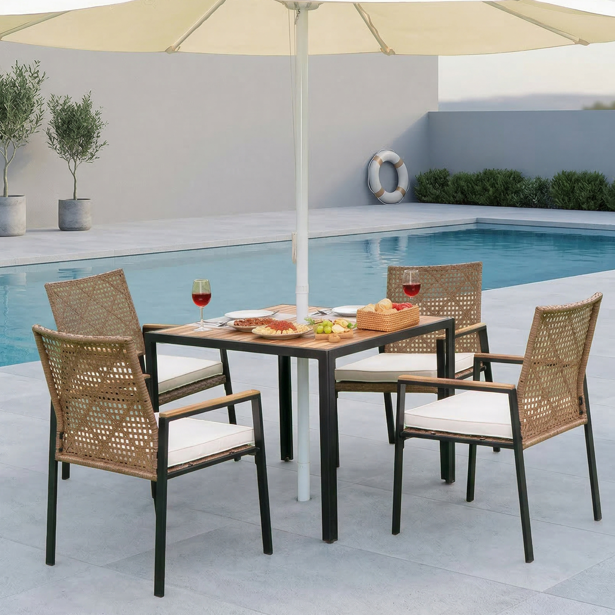 Ensemble Salle à Manger Patio 5 Pièces Acacia Trou Parasol Rotin Jaune
