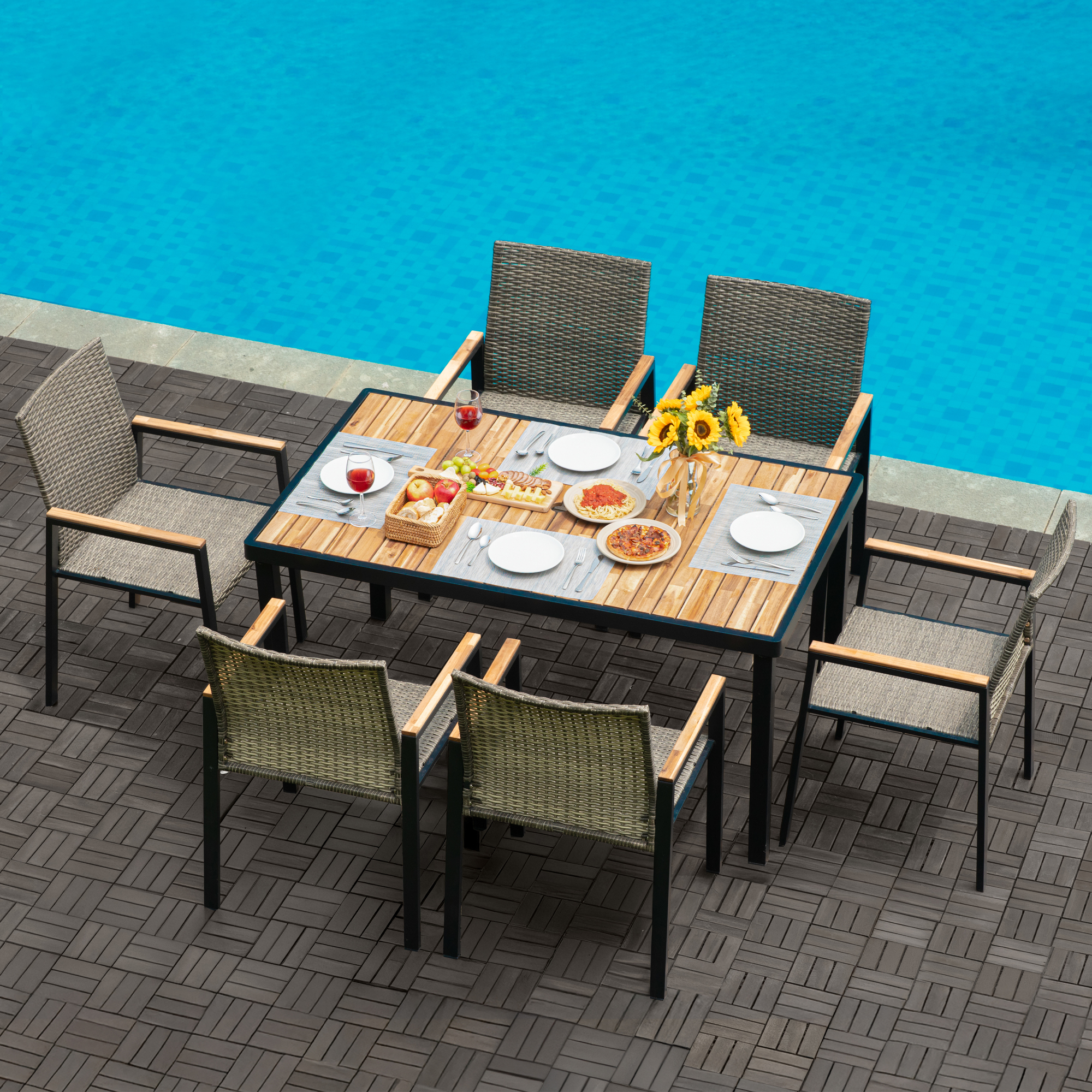 Ensemble patio 7 pièces bois acacia avec trou parasol gris brun