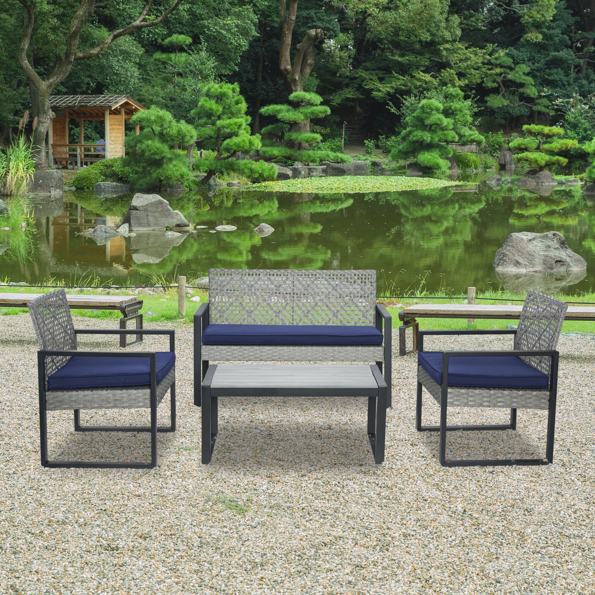 Ensemble patio 4 pièces bois acacia gris bleu