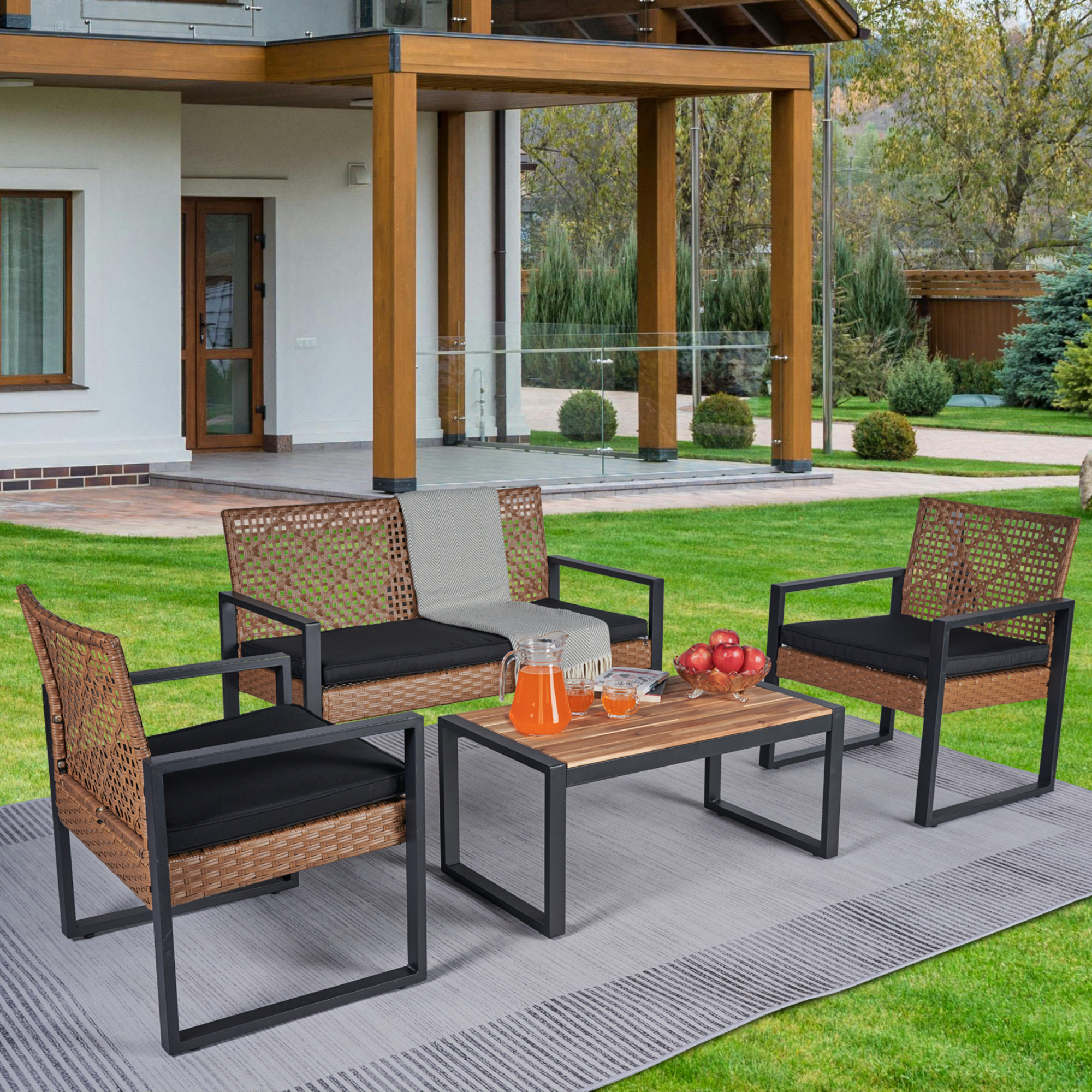 Ensemble 4 meubles patio bois acacia, table noire et brun clair