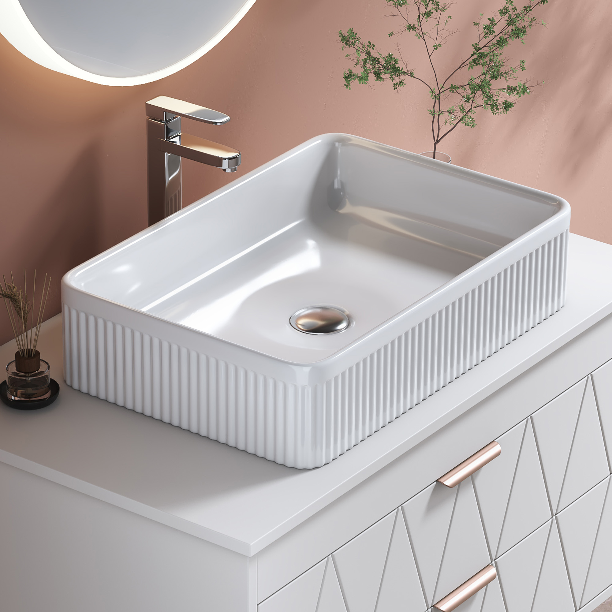 Lavabo céramique blanc salle bain avec drain