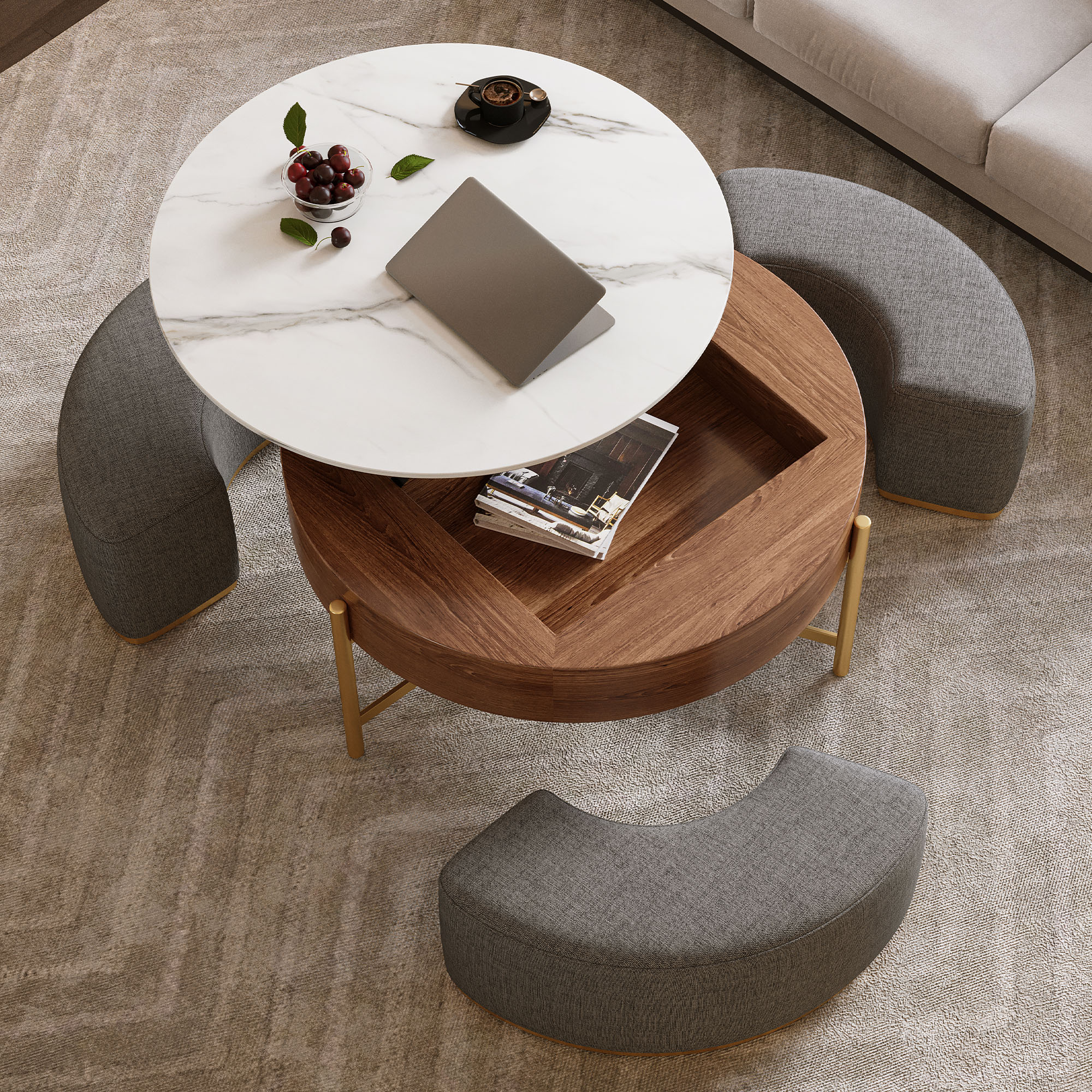 Table basse ronde lift-top rangement noyer pierre