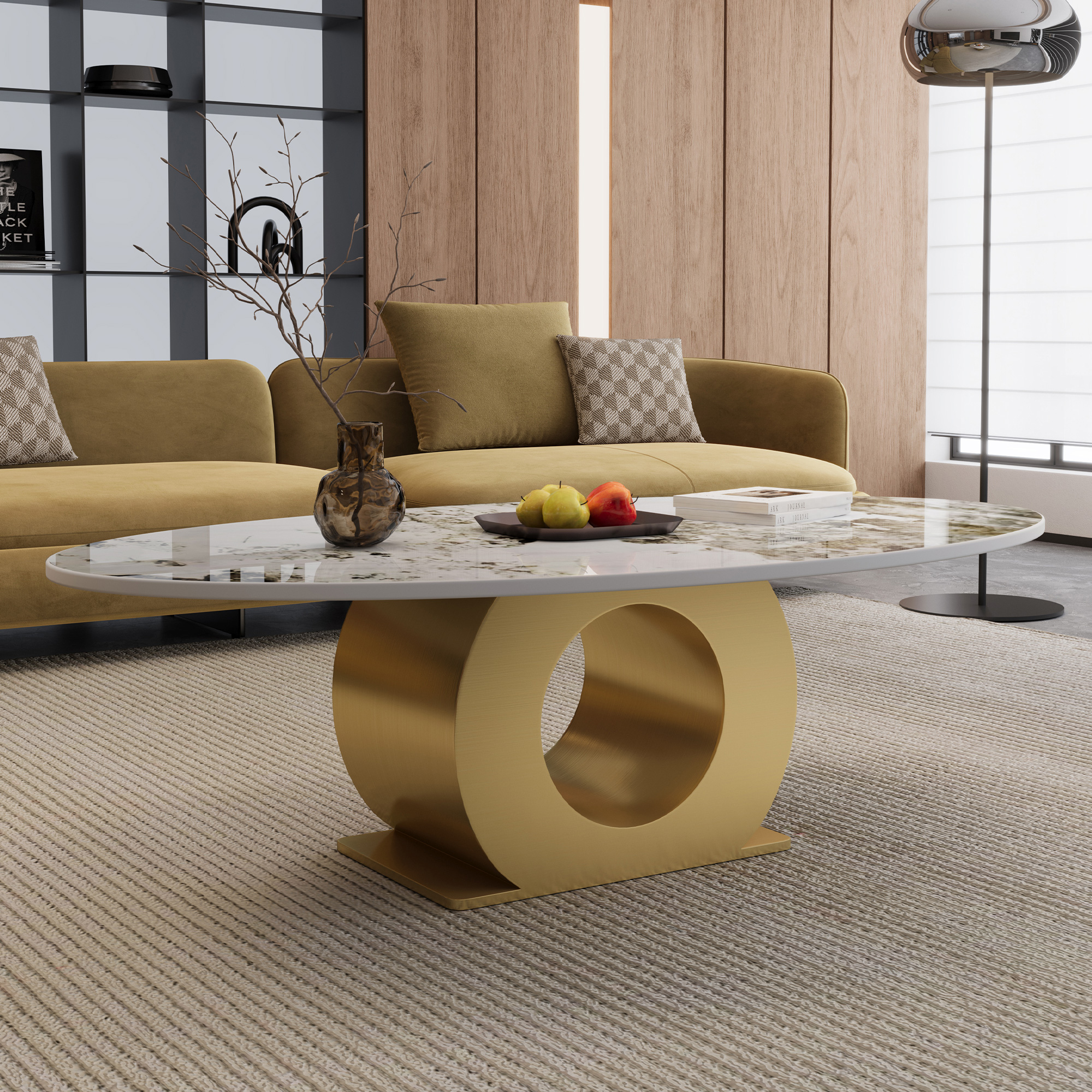 Table basse pierre fritée 49,2 po, base acier inoxydable