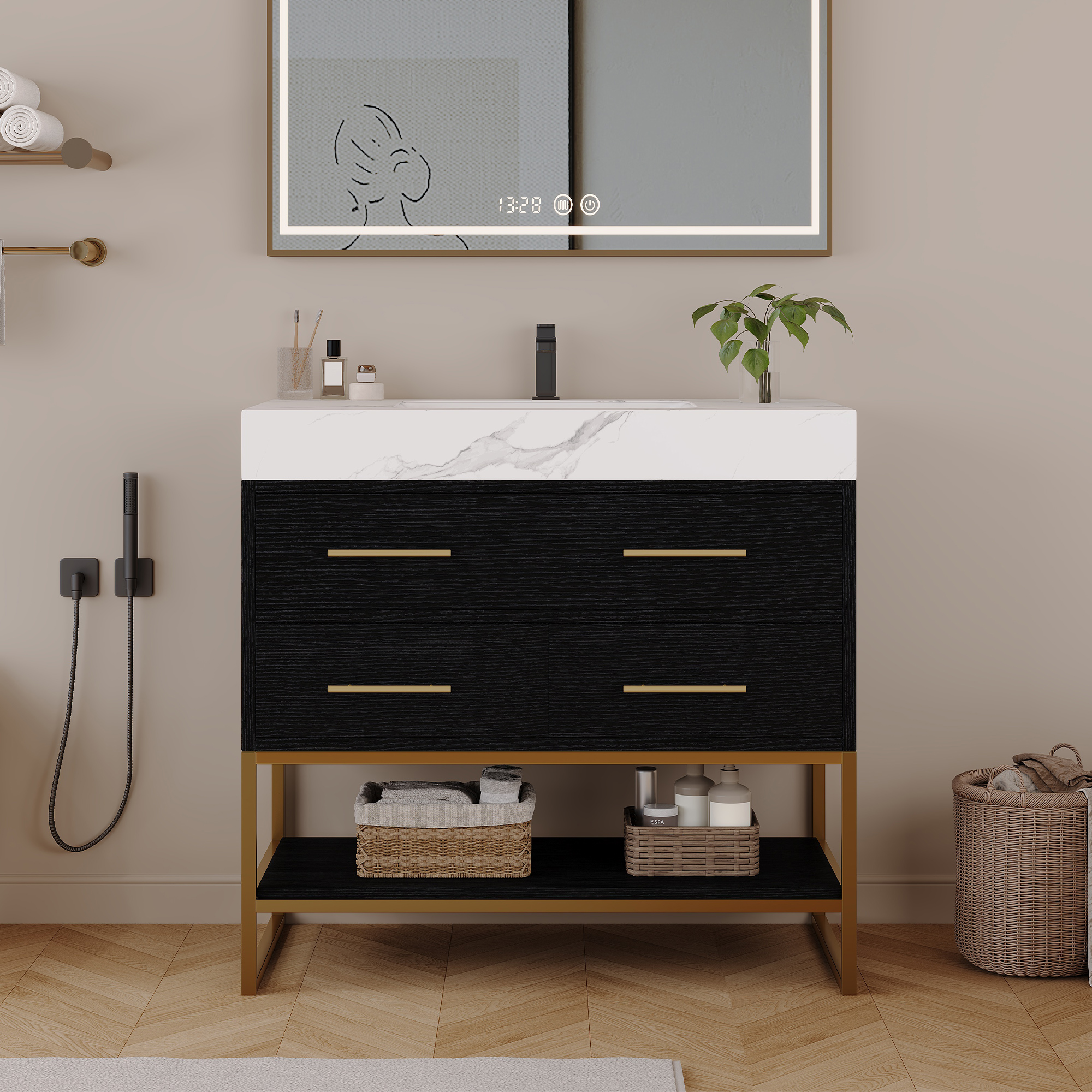 Vanité 36 po pierre artificielle, portes soft-close