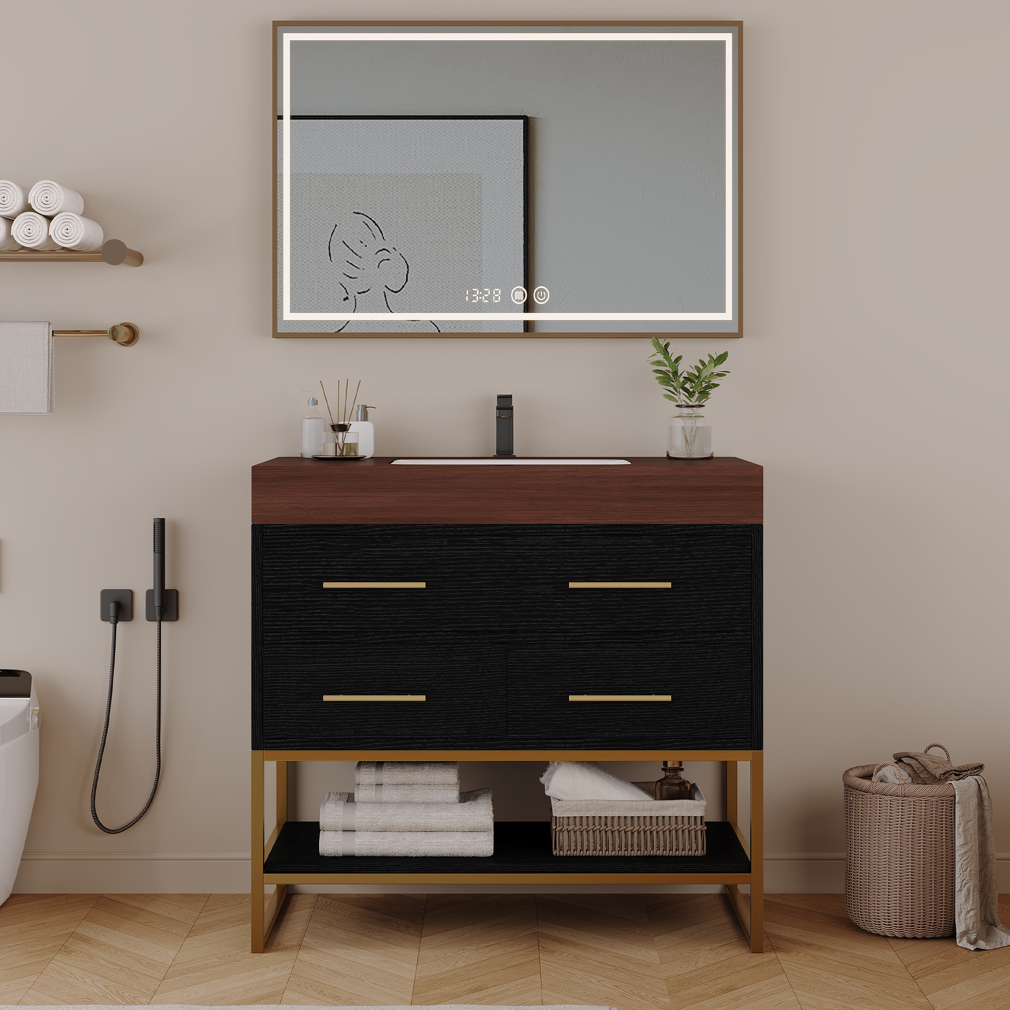 Vanité salle bain 36po pierre artificielle, tiroirs fermeture douce
