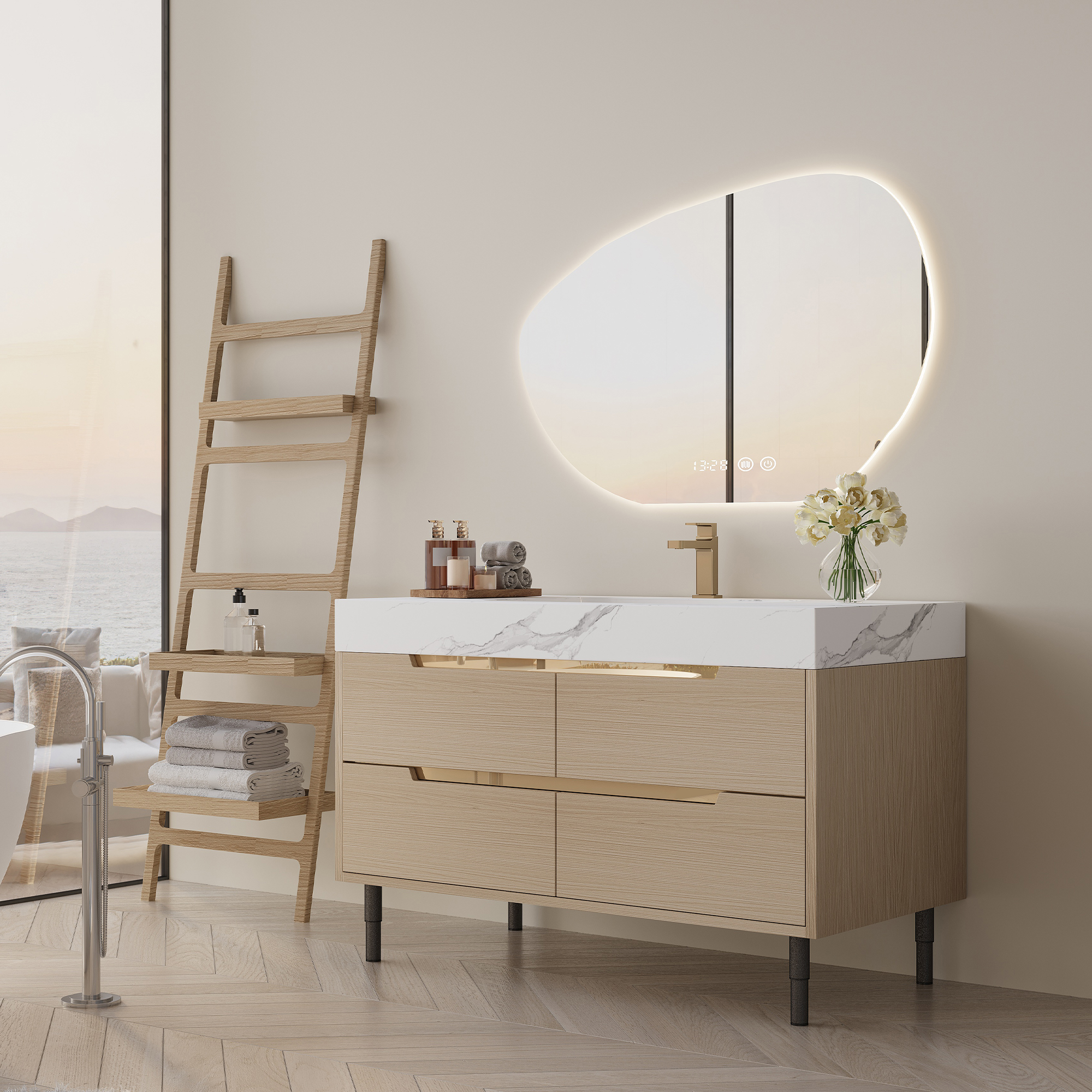 Vanité salle de bain 35,4po, lavabo intégré, dessus pierre frittée, 4 tiroirs