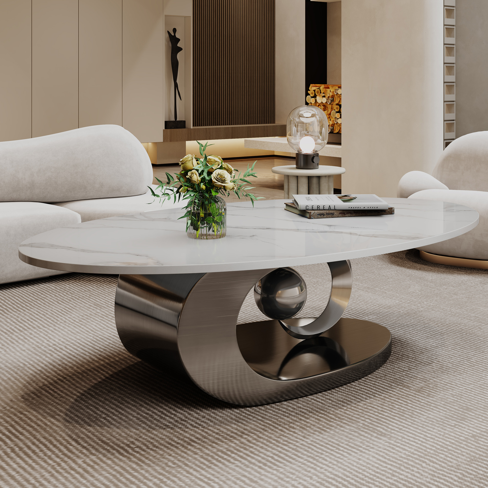 Table café marbre base acier inoxydable sculptée