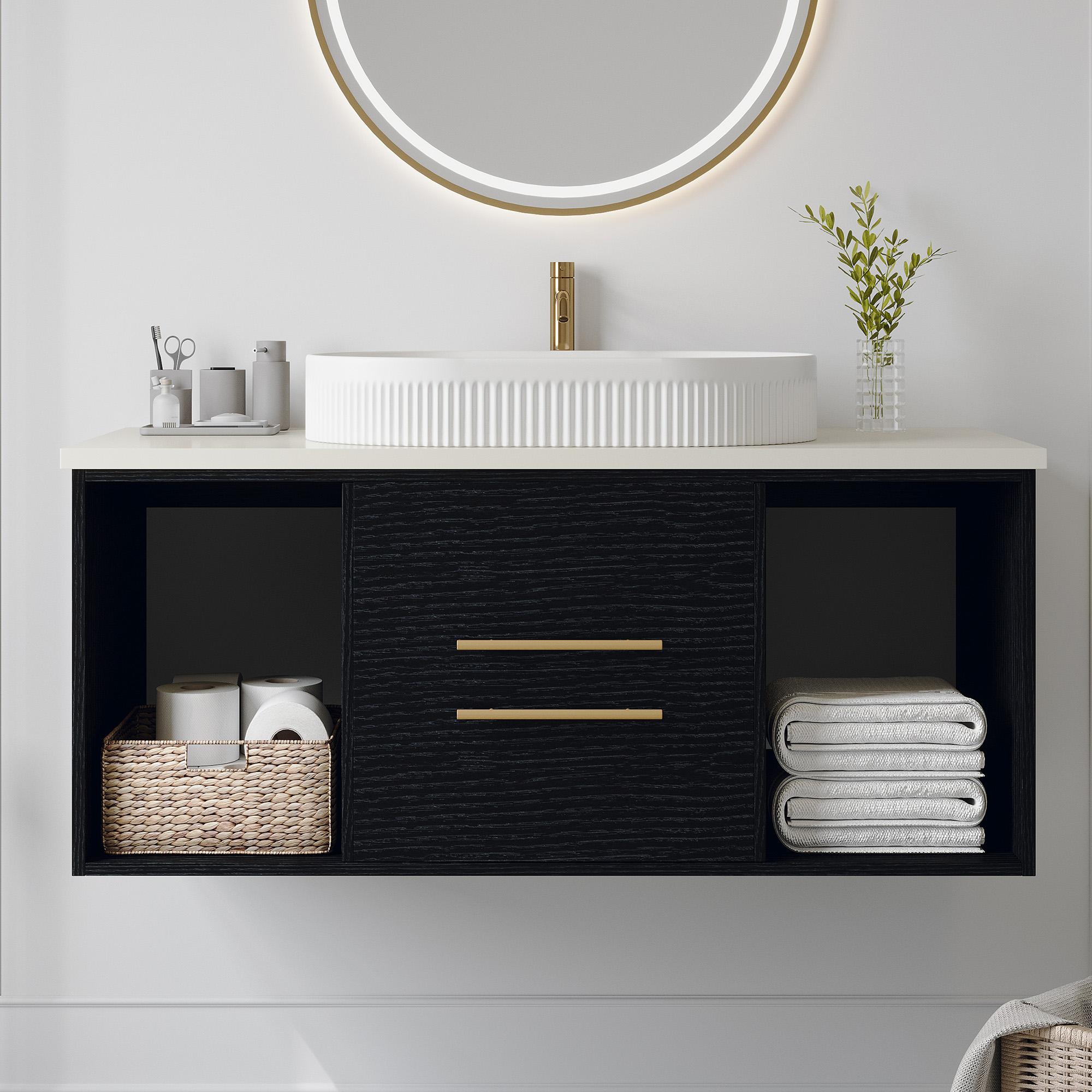 Vanité murale salle de bain 39.4 po, lavabo céramique ovale, bois massif