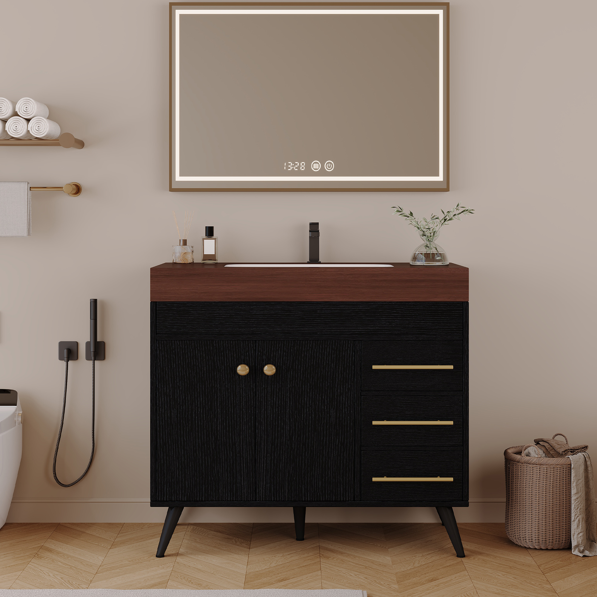 Meuble-lavabo salle de bain 36", céramique, marbre synthétique