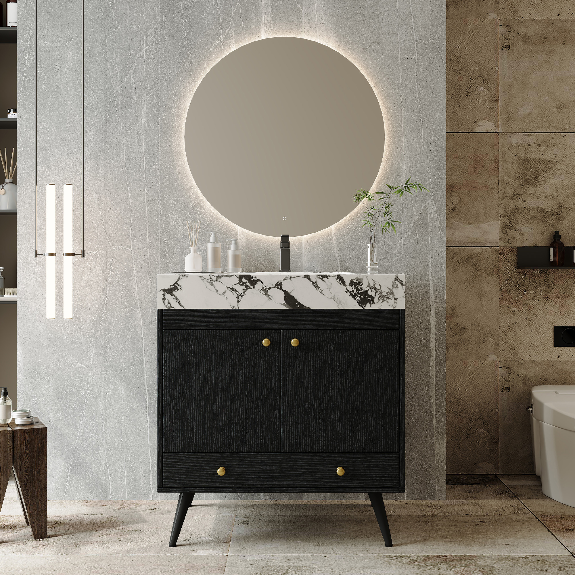 Vanité salle de bain contemporaine, dessus marbre synthétique, lavabo céramique, 30po