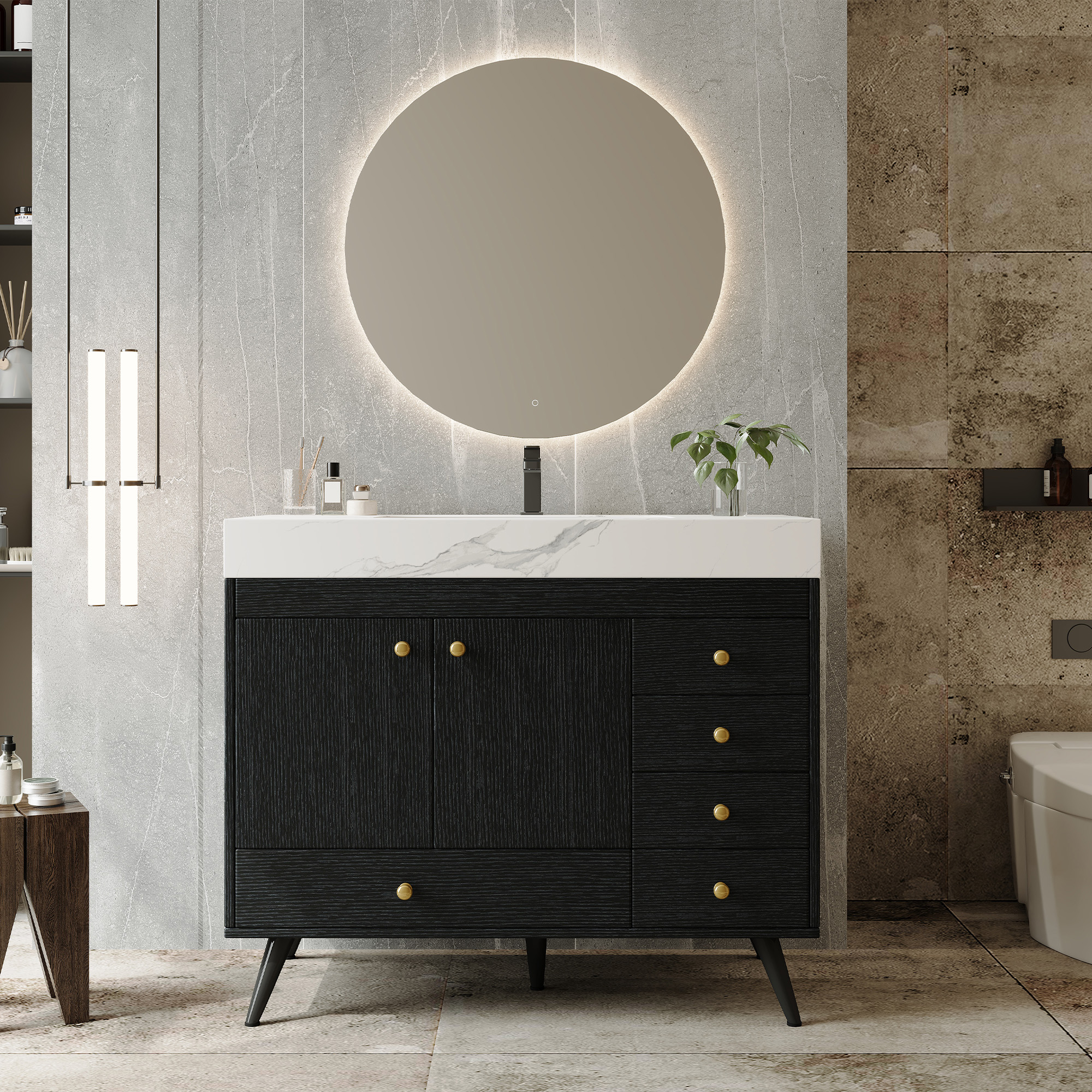 Vanité salle bain 36" marbre faux 5 tiroirs