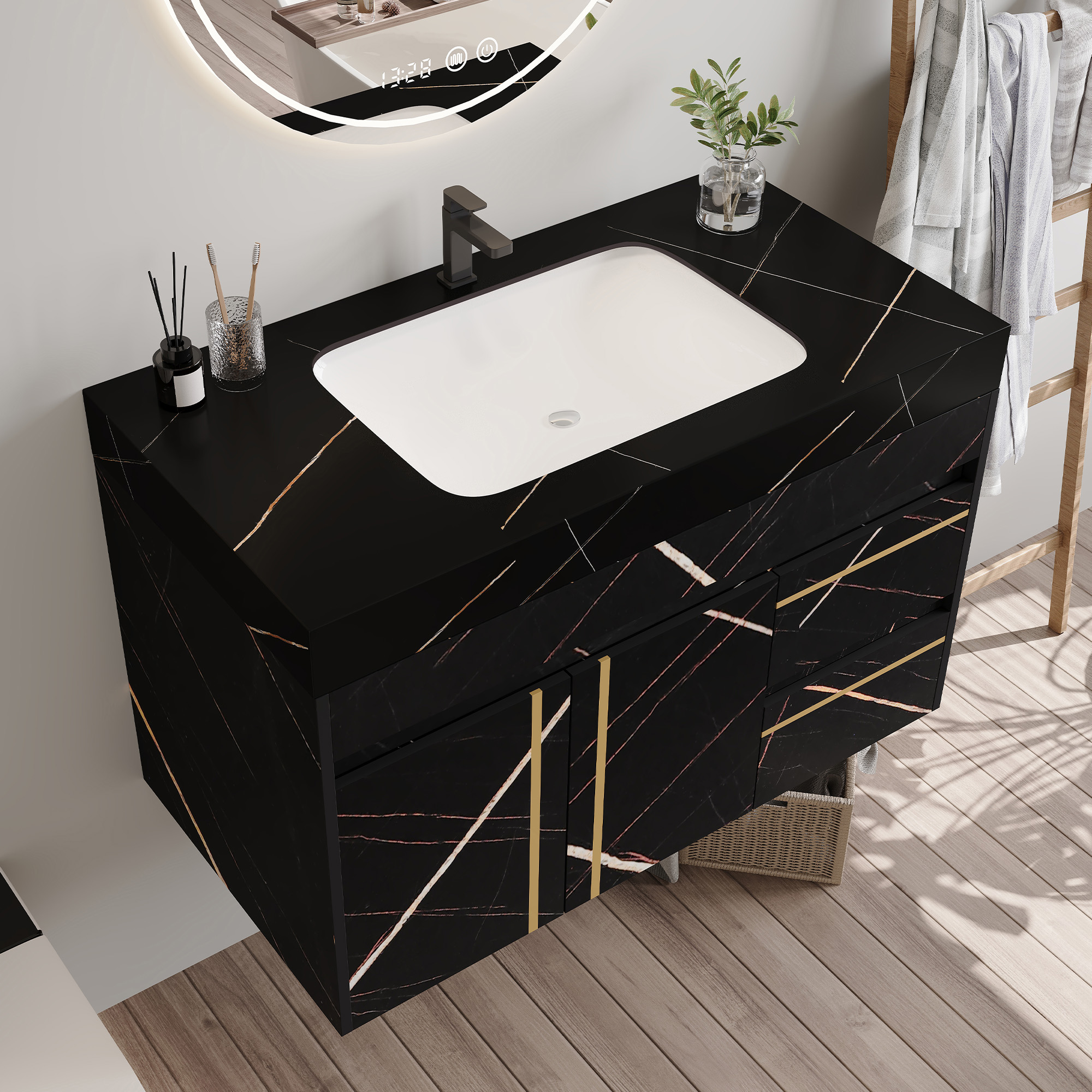 Meuble-lavabo flottant 35,2po, dessus marbre imitation
