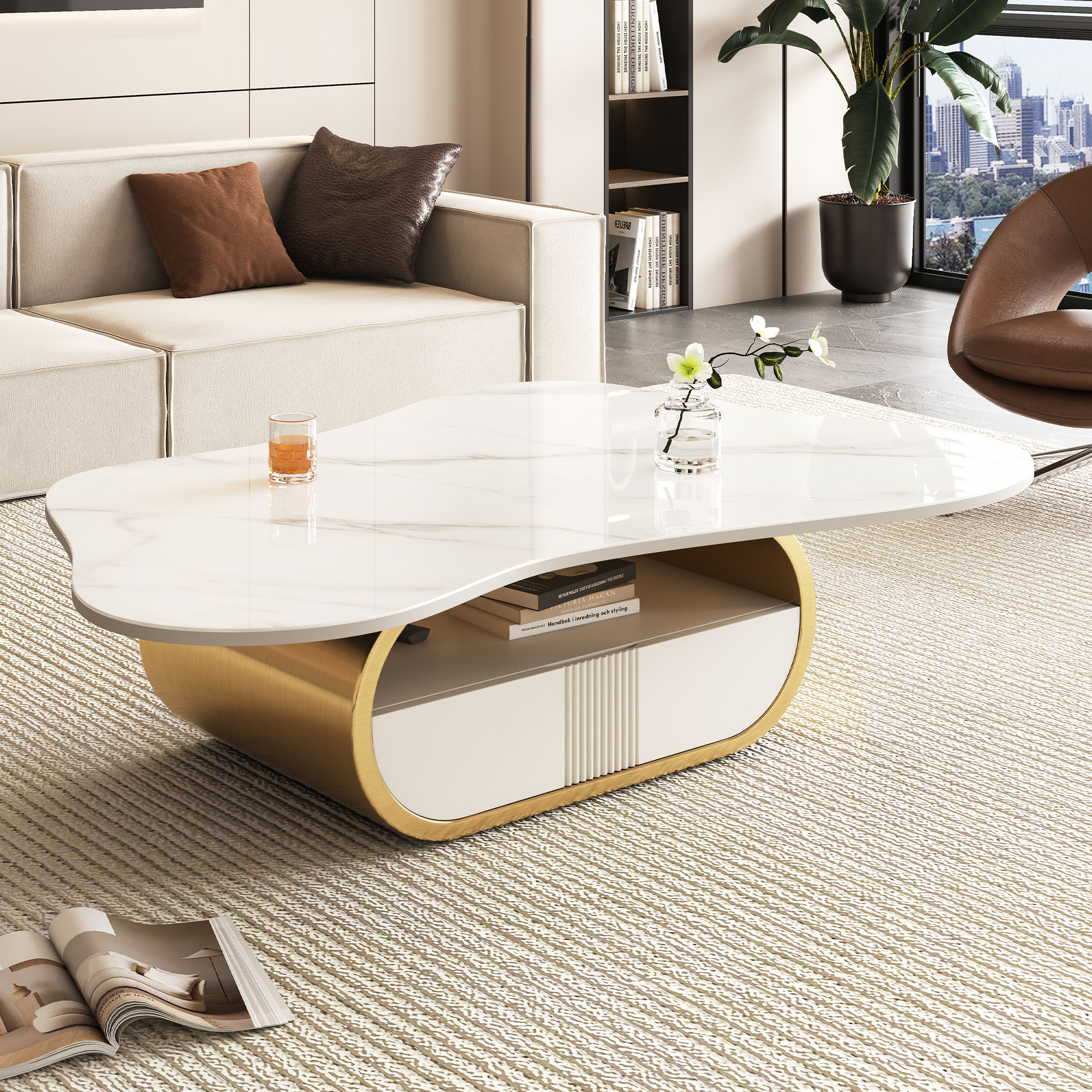 Table café papillon moderne, plateau pierre frittée, base acier inoxydable