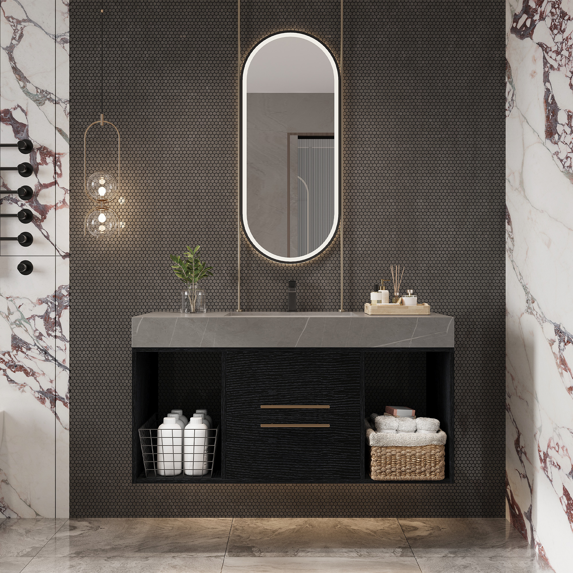 Vanité salle bain flottante 39,4" marbre faux, 2 tiroirs