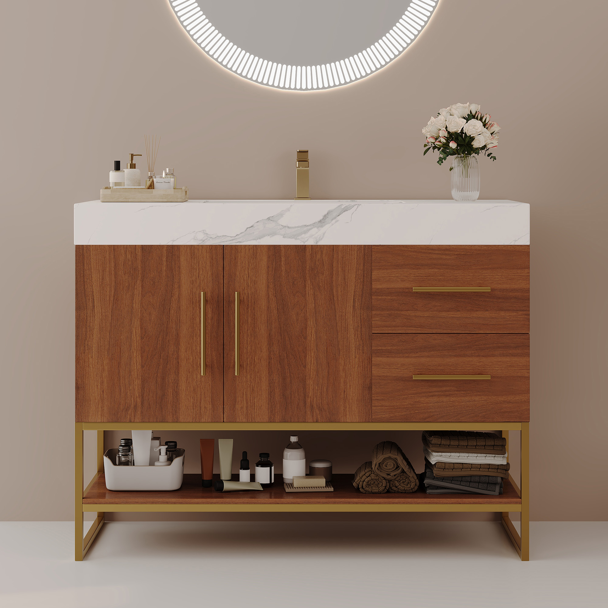 Vanité salle bain 36" moderne, lavabo céramique et dessus pierre