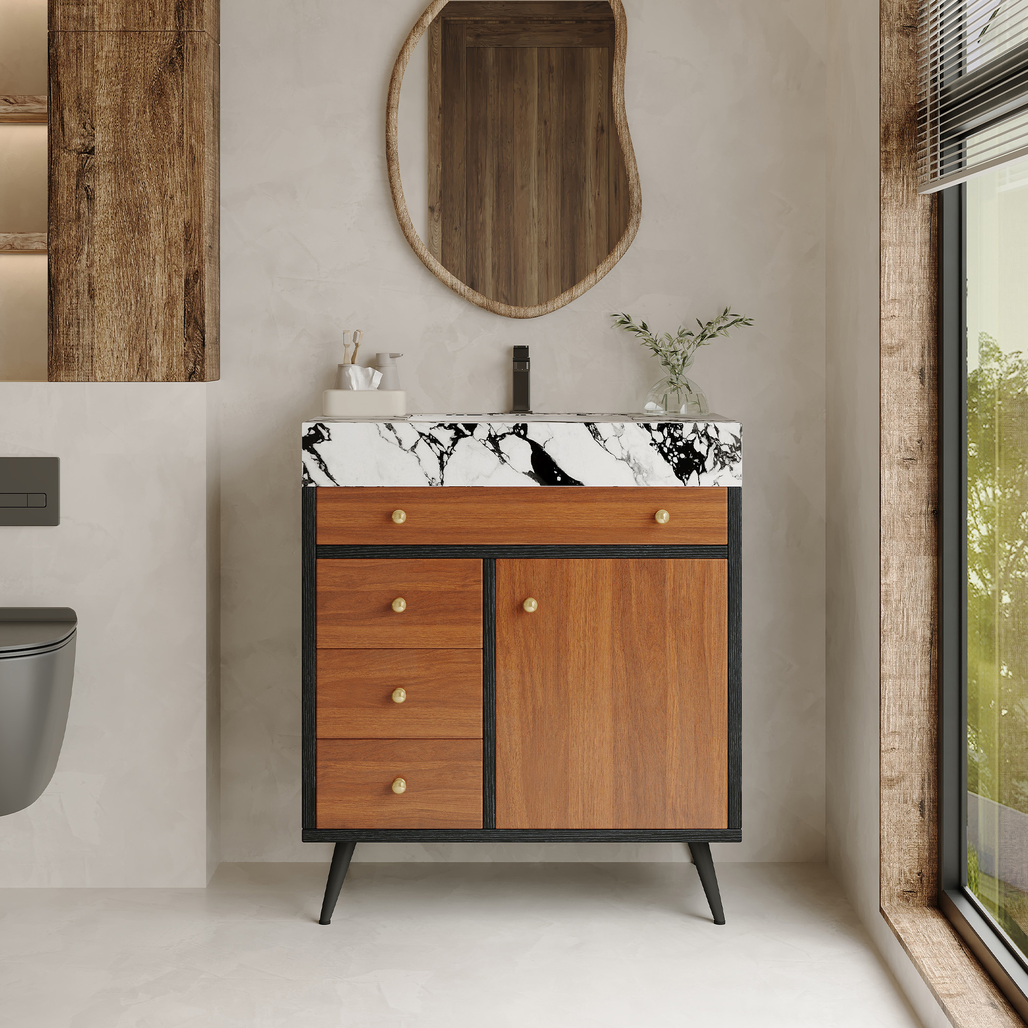 Meuble-lavabo salle bain autonome, céramique, pierre