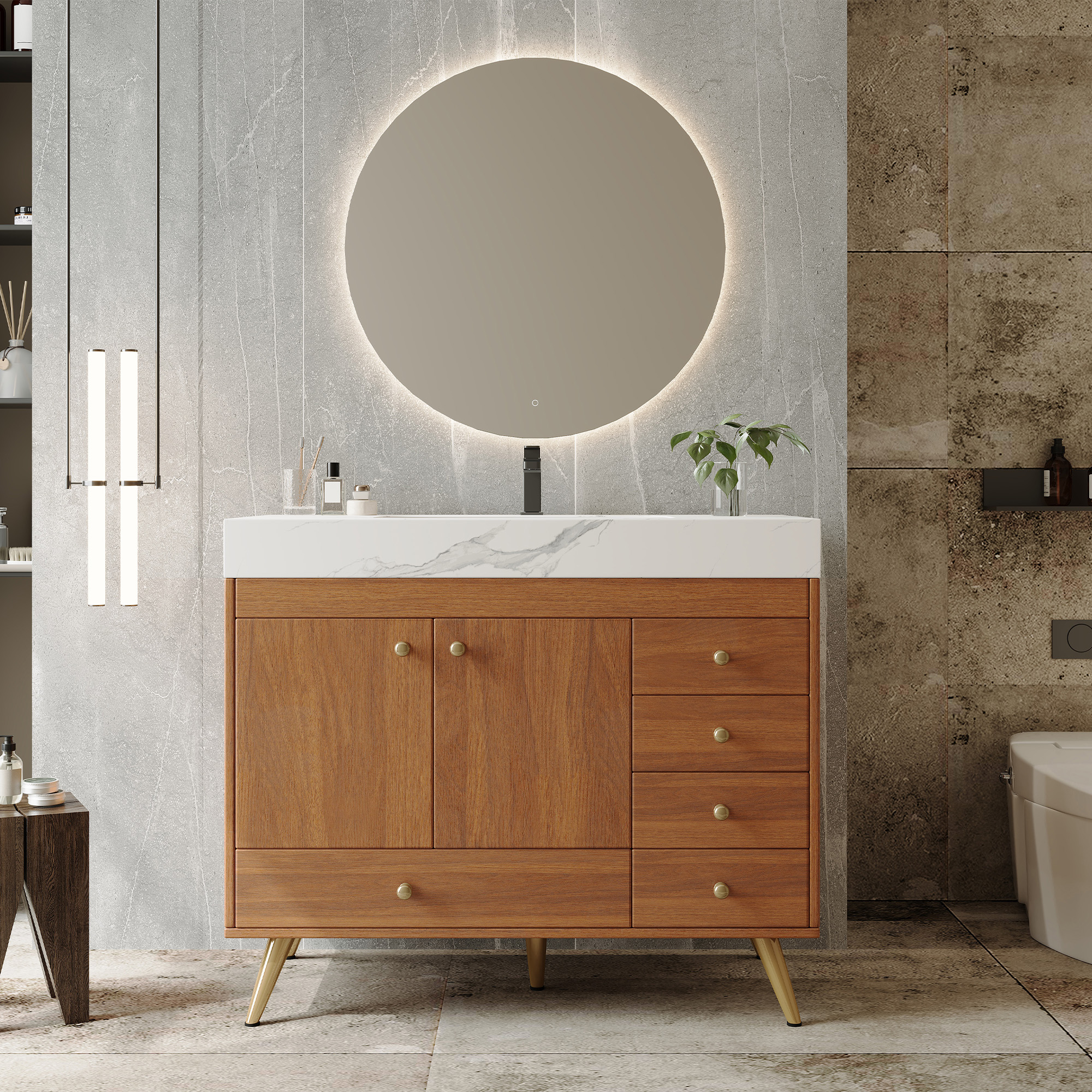 Vanité de salle de bain 36" dessus marbre, lavabo céramique, 5 tiroirs