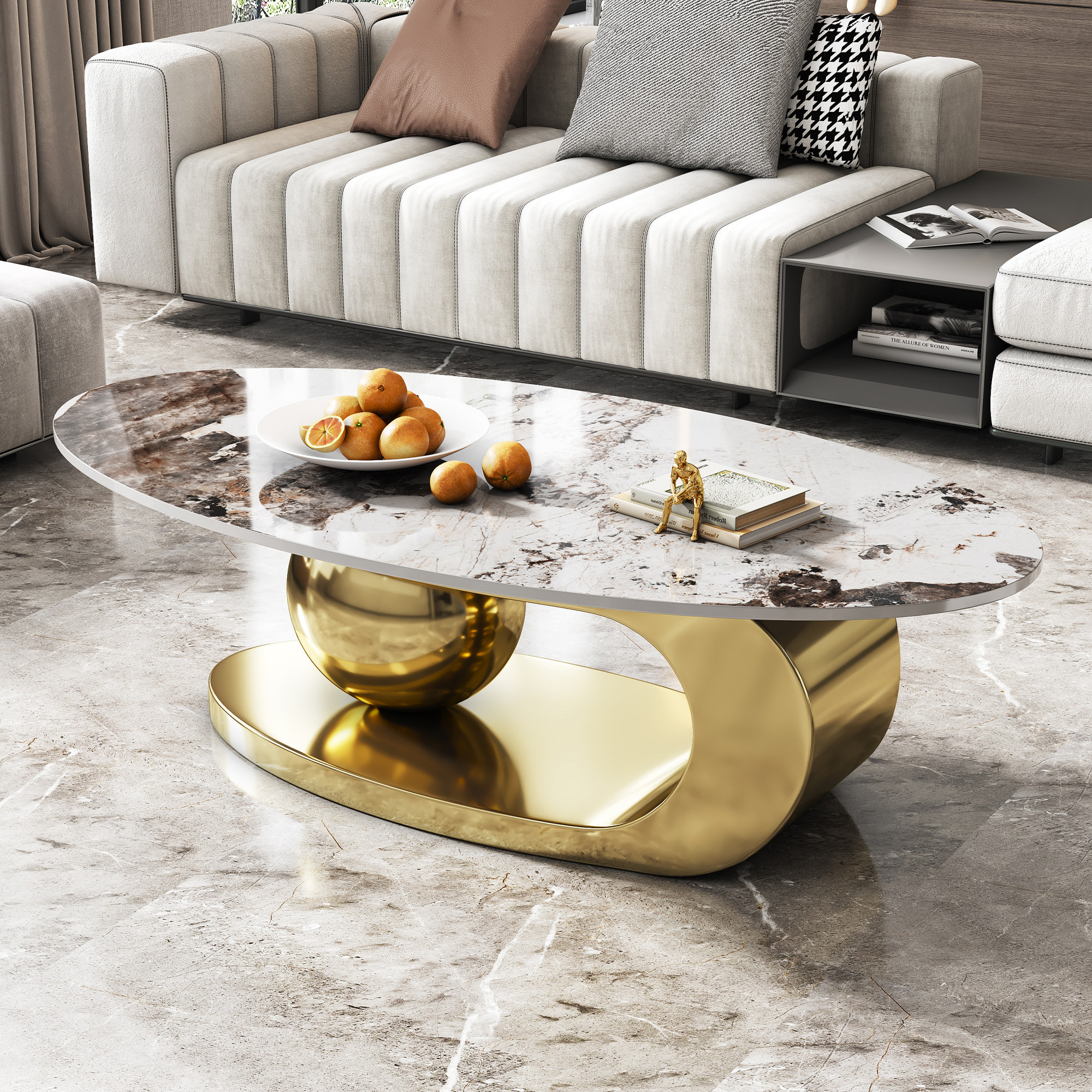 Table basse ovale 49,2" marbre base acier