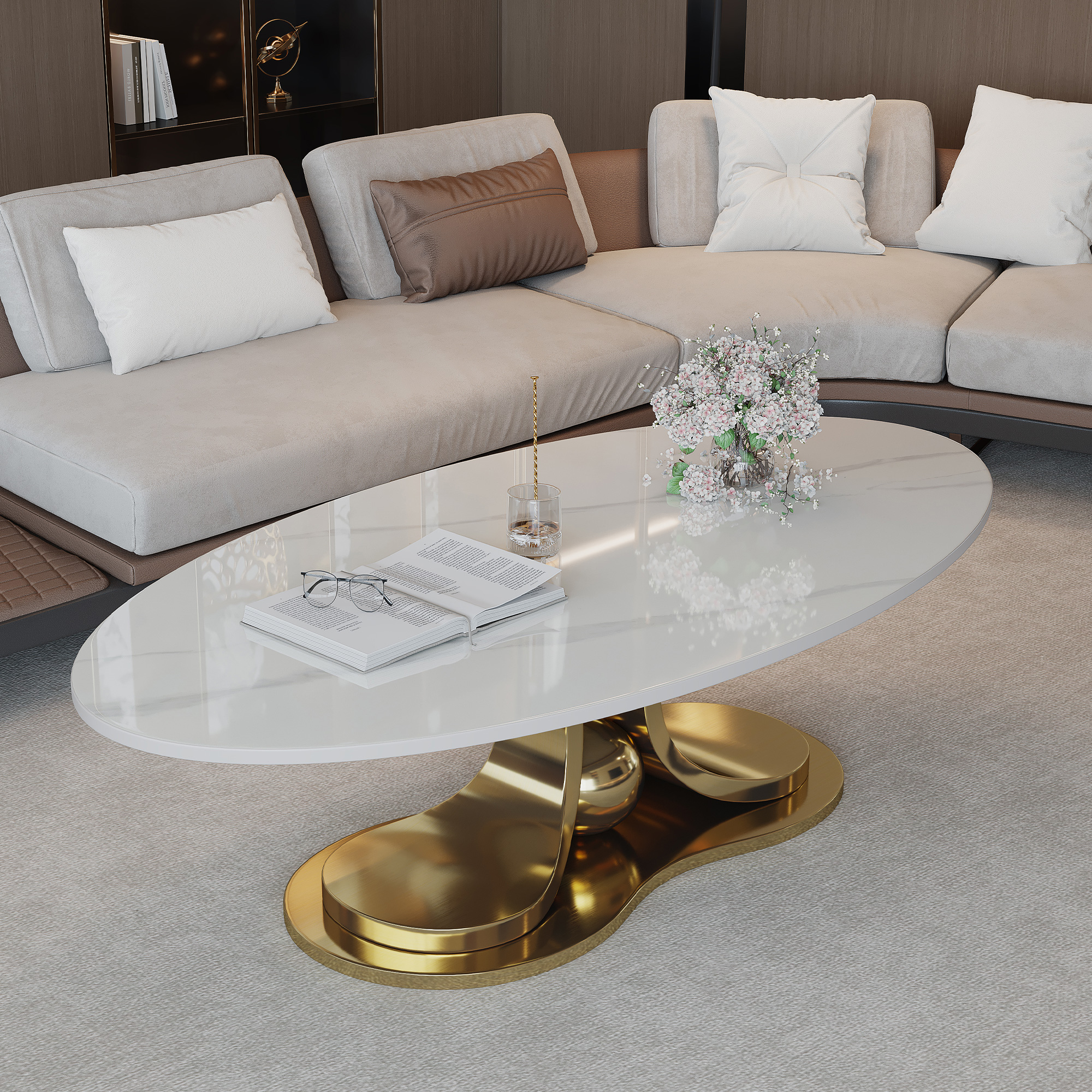 Table à café 49.2" marbre synthétique base acier inoxydable moderne