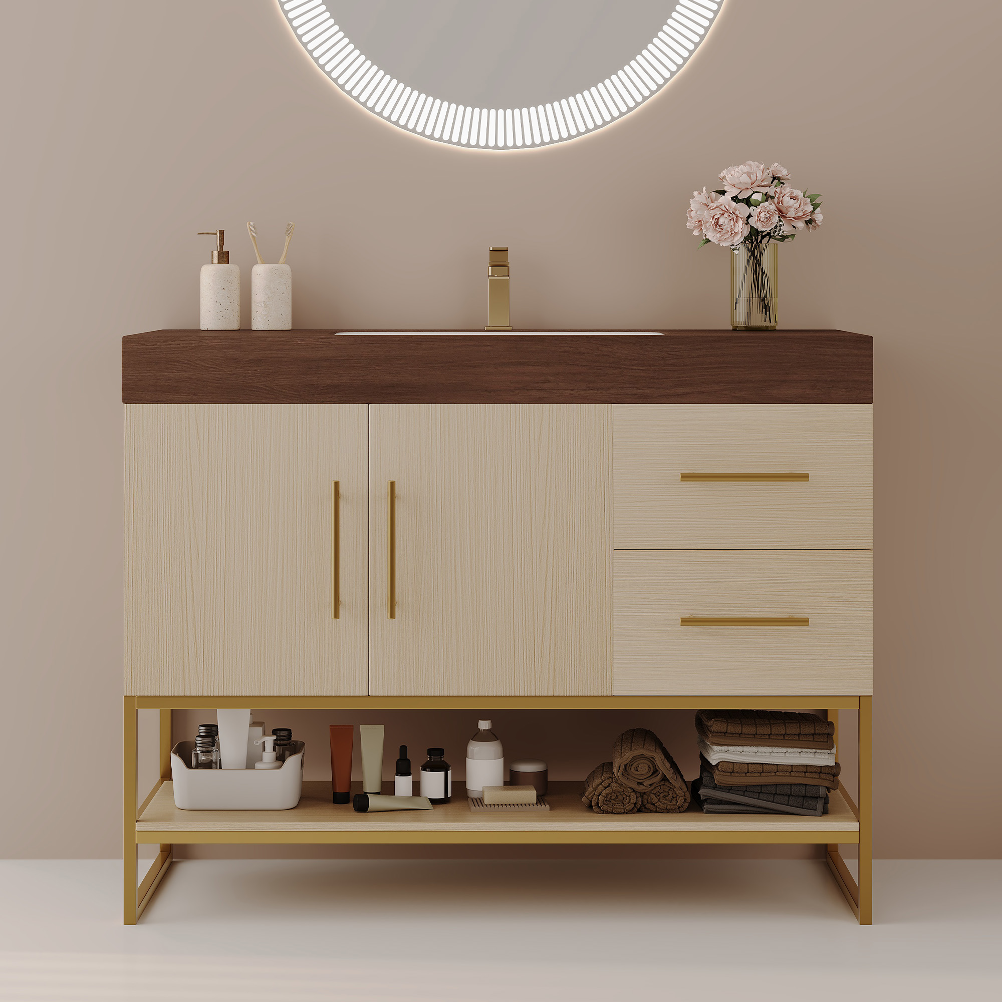 Vanité salle de bain 36 po, céramique/pierre frittée, libre accès