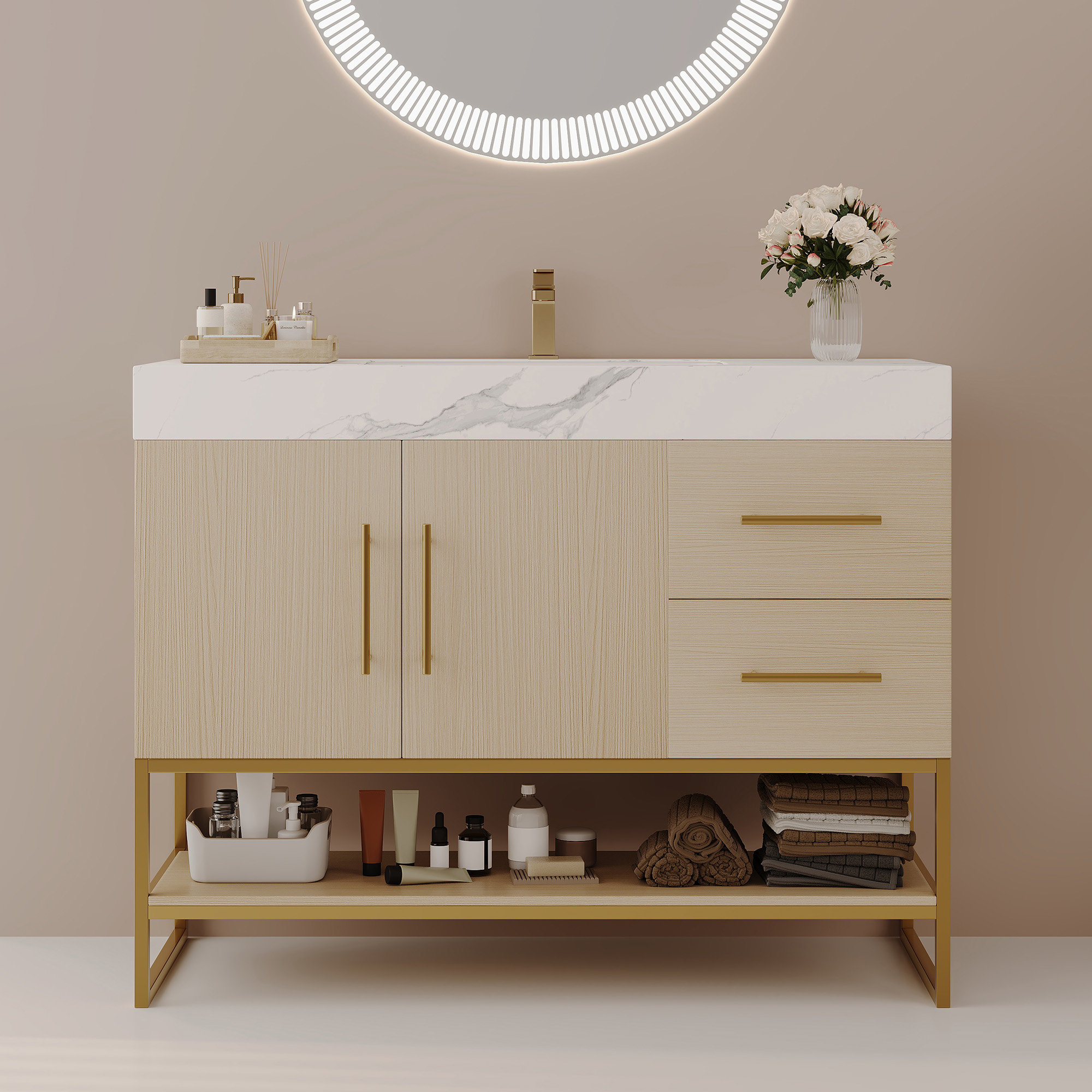 Vanité salle bain 36" moderne, lavabo céramique et dessus pierre