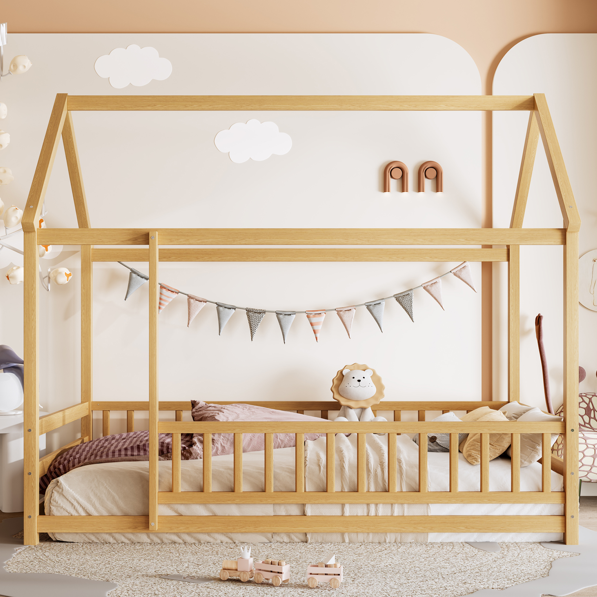 Lit plancher bois jumeaux, toit maison, garde-fou, naturel