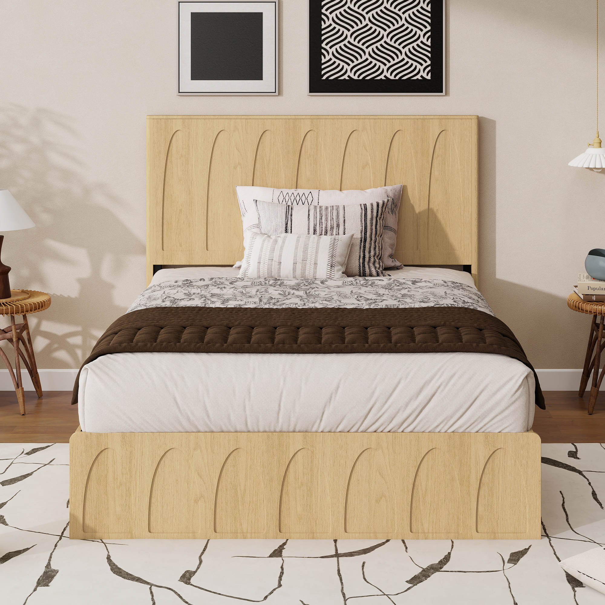 Lit plateforme queen, bois massif, tiroirs rangement