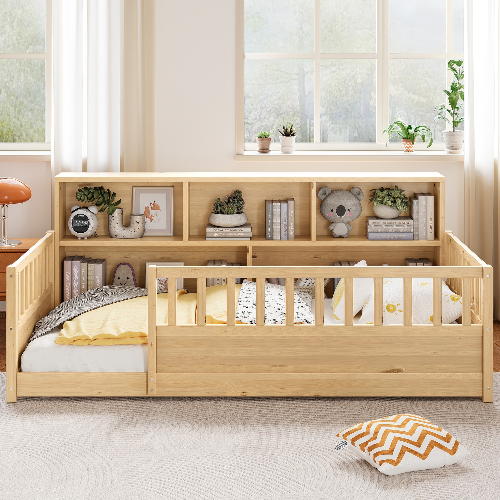 Lit plancher jumeaux bois barrière rangement côté