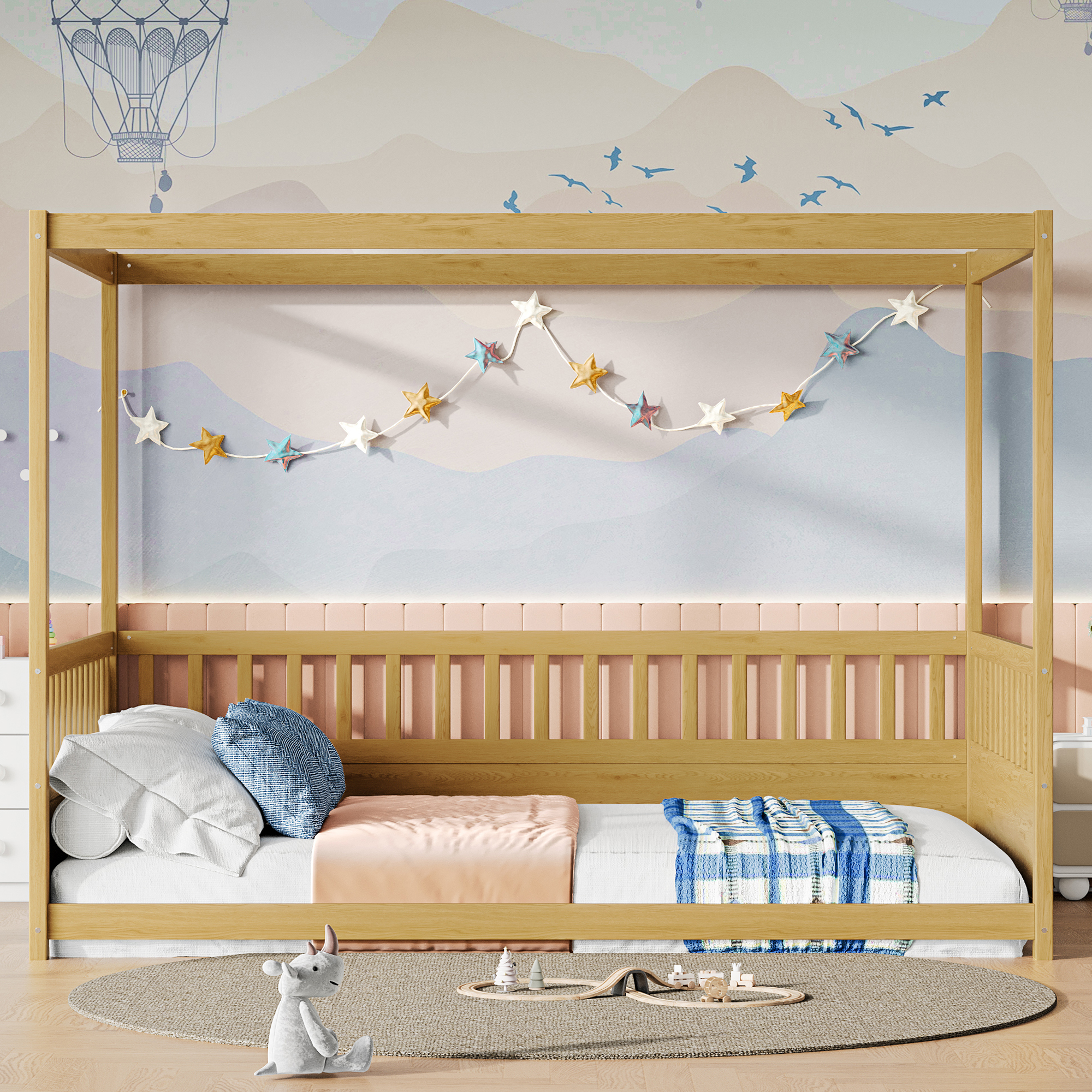 Lit baldaquin grand, 4 colonnes, garde-corps, naturel