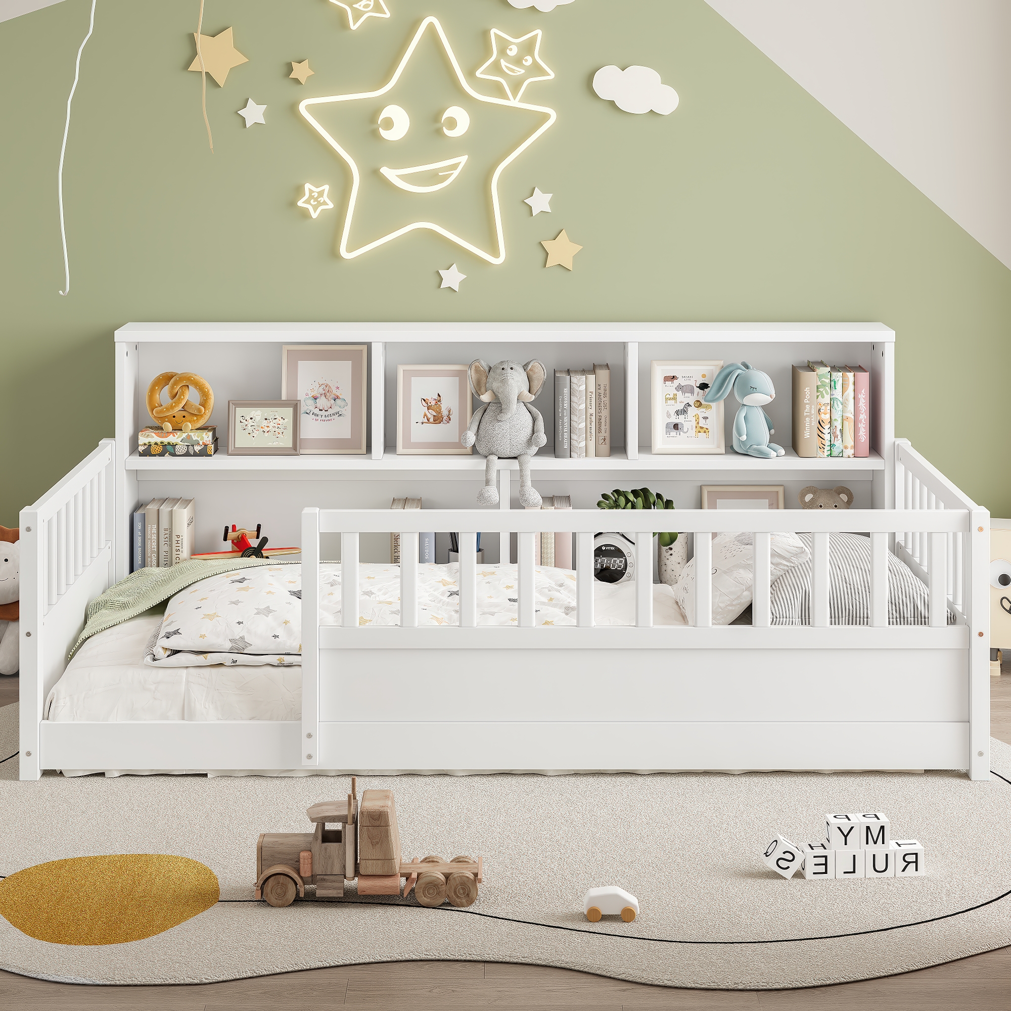 Lit plancher Twin avec barrière, rangement latéral, blanc